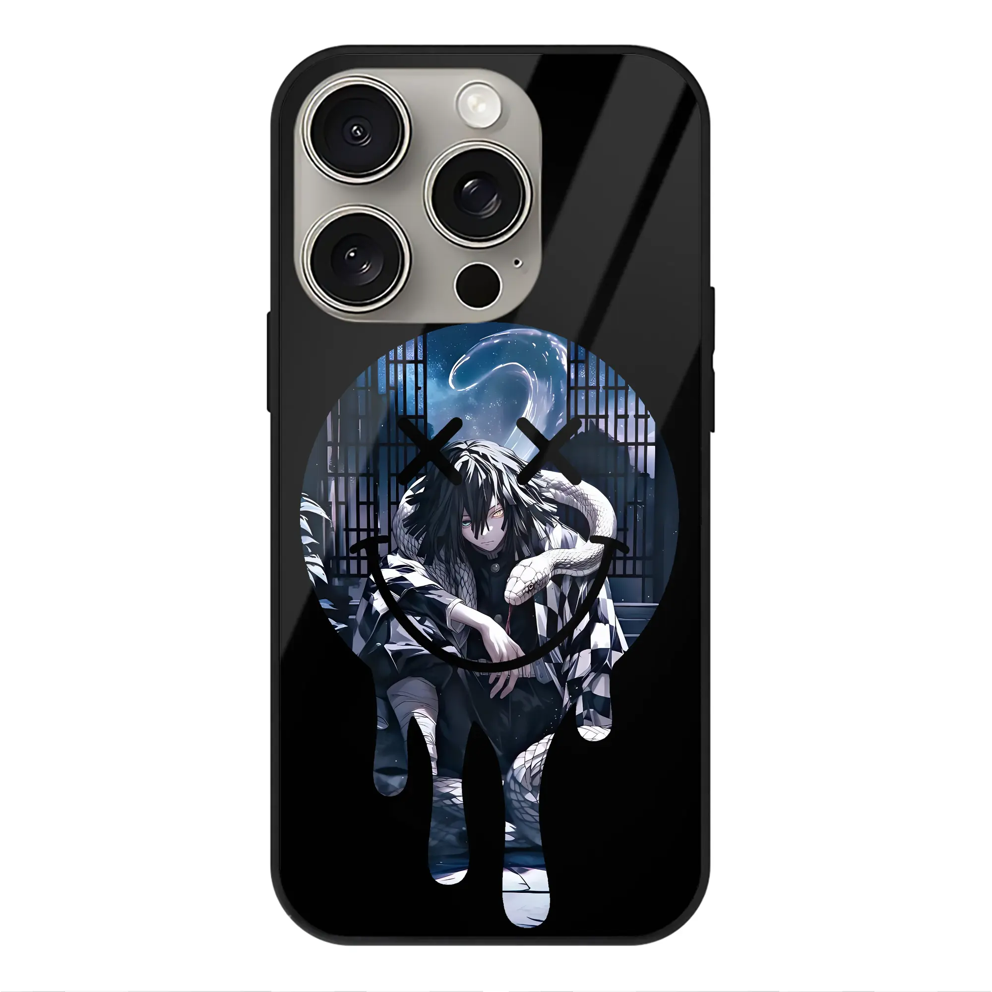 鬼滅の刃 グッズ,伊黒 小芭内 - IPhone15Pro対応 ・ スマホケース ・ 背面ガラス ・ TPU+強化ガラス ・ 耐衝撃 ・ 黄変防止 ・ ワイヤレス充電対応 ・ 3D立体ボタン