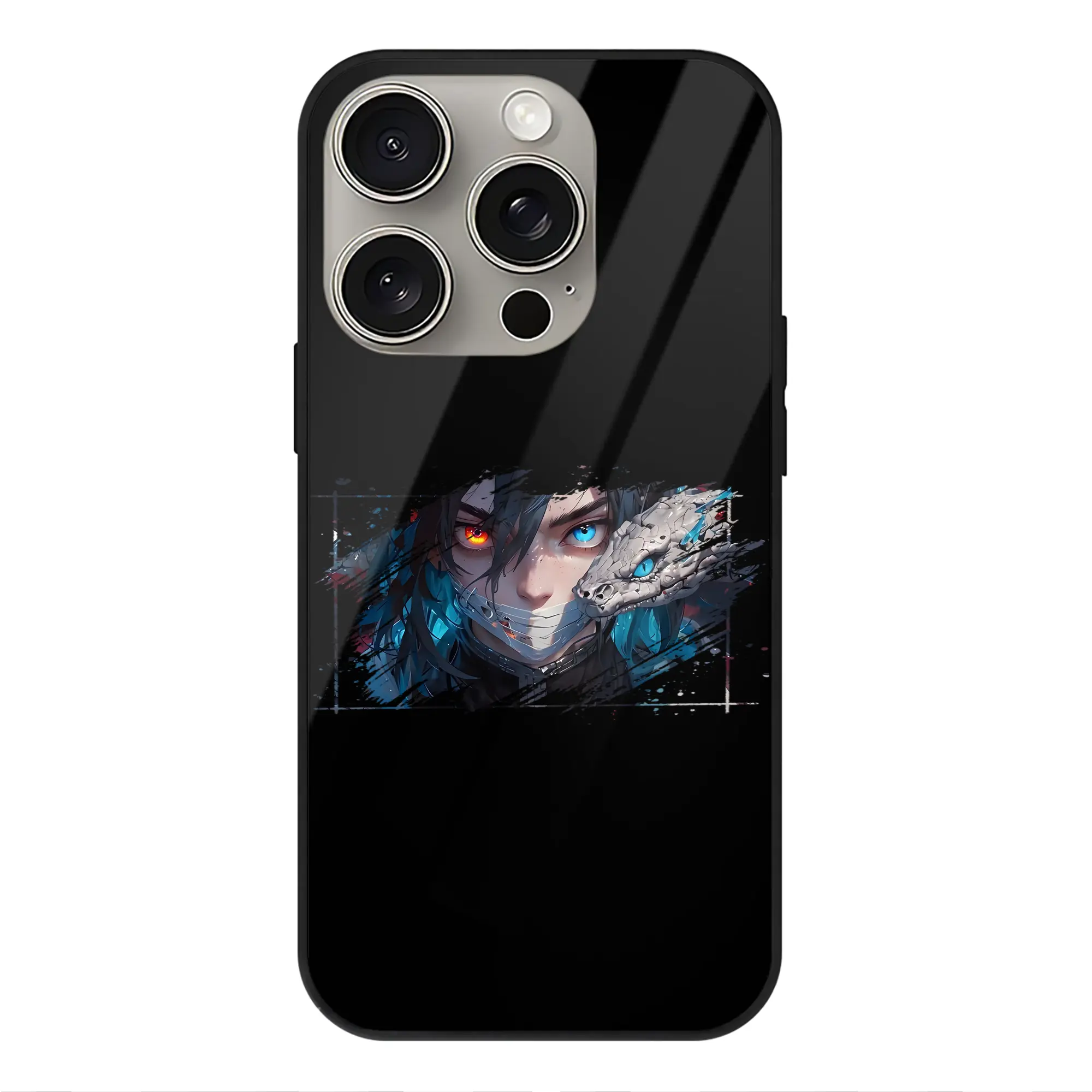 鬼滅の刃 グッズ,伊黒 小芭内 - IPhone15Pro対応 ・ スマホケース ・ 背面ガラス ・ TPU+強化ガラス ・ 耐衝撃 ・ 黄変防止 ・ ワイヤレス充電対応 ・ 3D立体ボタン