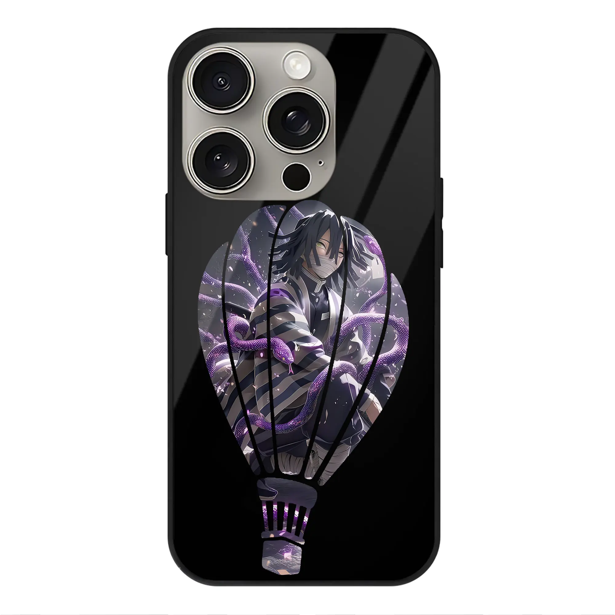 鬼滅の刃 グッズ,伊黒 小芭内 - IPhone15Pro対応 ・ スマホケース ・ 背面ガラス ・ TPU+強化ガラス ・ 耐衝撃 ・ 黄変防止 ・ ワイヤレス充電対応 ・ 3D立体ボタン