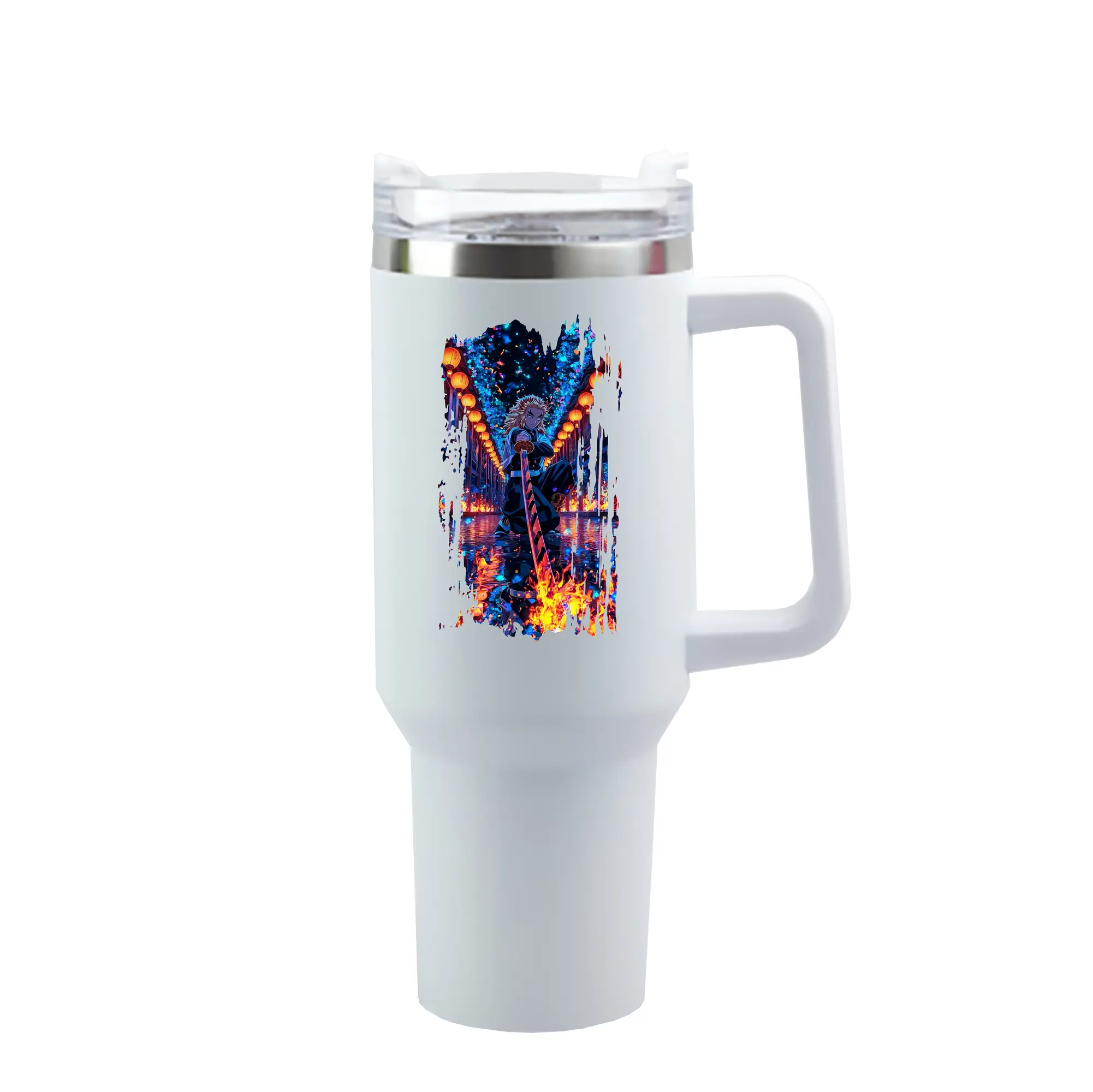 鬼滅の刃 グッズ,煉獄 杏寿郎 - 1200mL 車用タンブラー ・ クリスタルステッカー ・ 304ステンレス 内側 ・ 201ステンレス 外側 ・ 保温 保冷 ・ ハンドル＆ストロー付き ・ 通勤 ドライブ アウトドア用