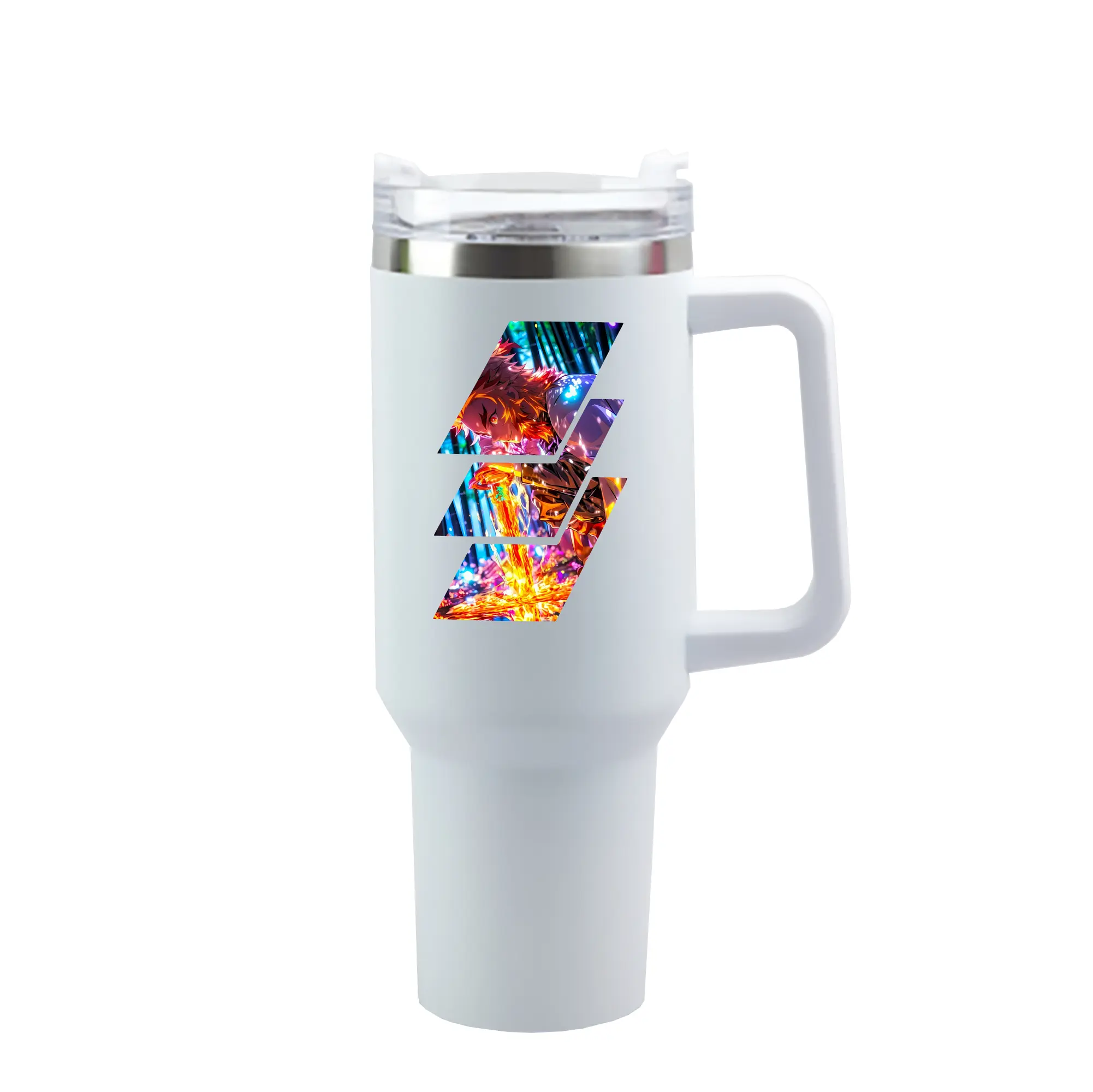 鬼滅の刃 グッズ,煉獄 杏寿郎 - 1200mL 車用タンブラー ・ クリスタルステッカー ・ 304ステンレス 内側 ・ 201ステンレス 外側 ・ 保温 保冷 ・ ハンドル＆ストロー付き ・ 通勤 ドライブ アウトドア用