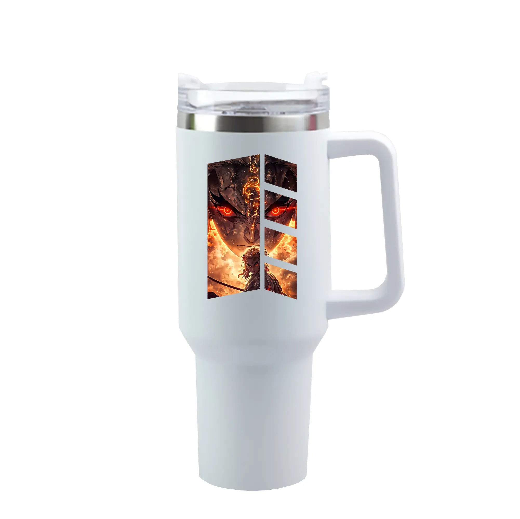 鬼滅の刃 グッズ,煉獄 杏寿郎 - 1200mL 車用タンブラー ・ クリスタルステッカー ・ 304ステンレス 内側 ・ 201ステンレス 外側 ・ 保温 保冷 ・ ハンドル＆ストロー付き ・ 通勤 ドライブ アウトドア用