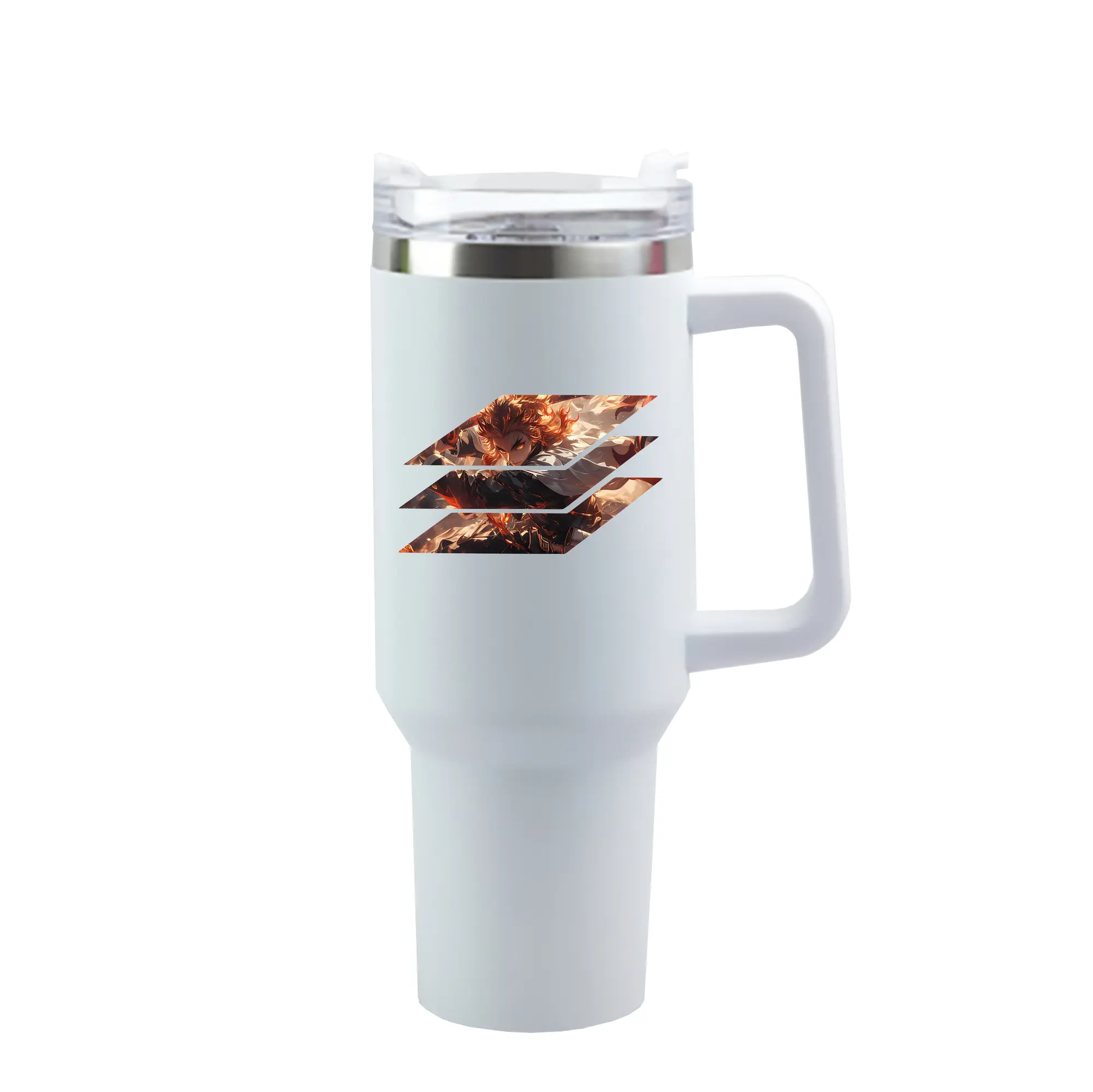 鬼滅の刃 グッズ,煉獄 杏寿郎 - 1200mL 車用タンブラー ・ クリスタルステッカー ・ 304ステンレス 内側 ・ 201ステンレス 外側 ・ 保温 保冷 ・ ハンドル＆ストロー付き ・ 通勤 ドライブ アウトドア用