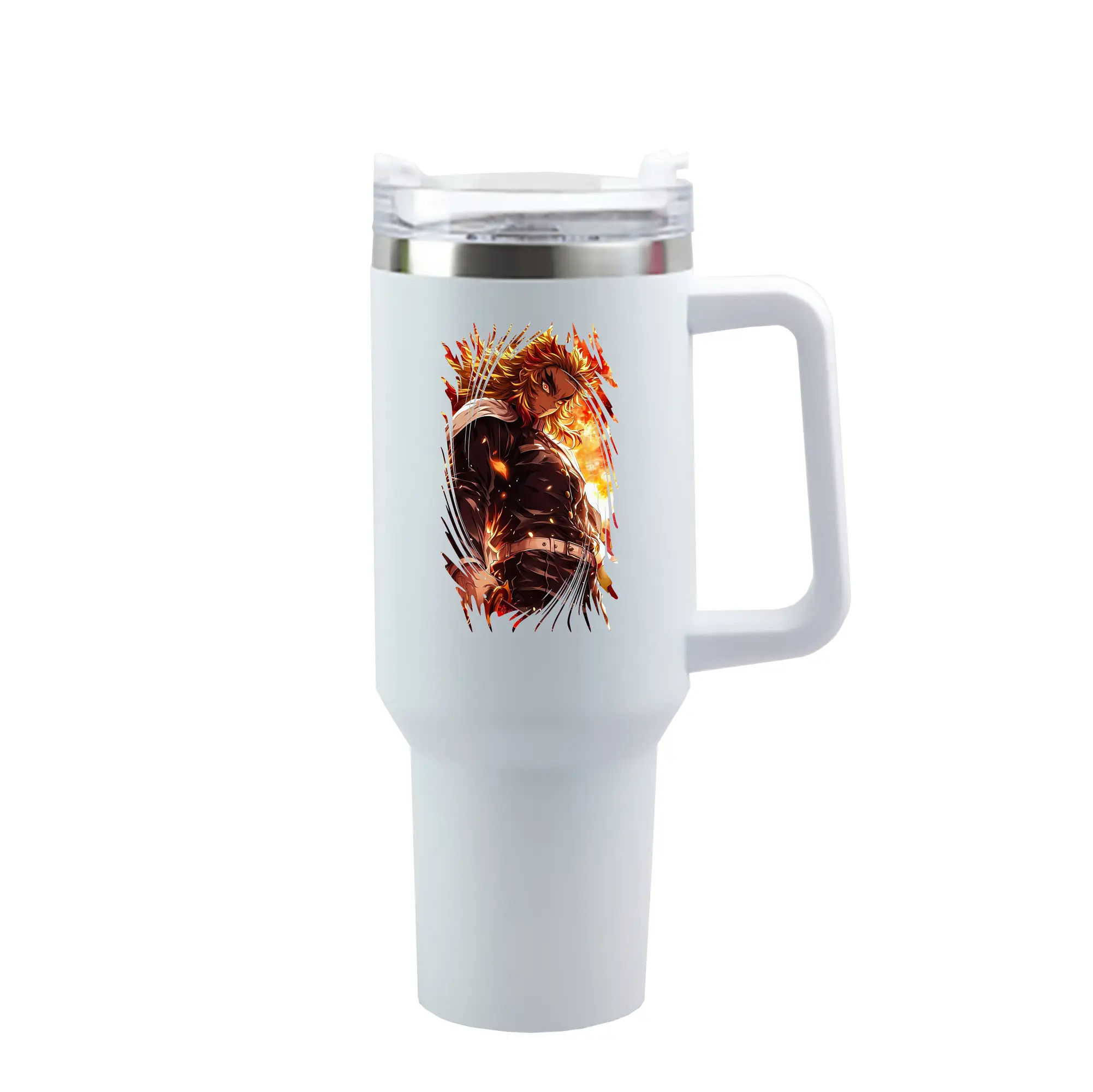 鬼滅の刃 グッズ,煉獄 杏寿郎 - 1200mL 車用タンブラー ・ クリスタルステッカー ・ 304ステンレス 内側 ・ 201ステンレス 外側 ・ 保温 保冷 ・ ハンドル＆ストロー付き ・ 通勤 ドライブ アウトドア用