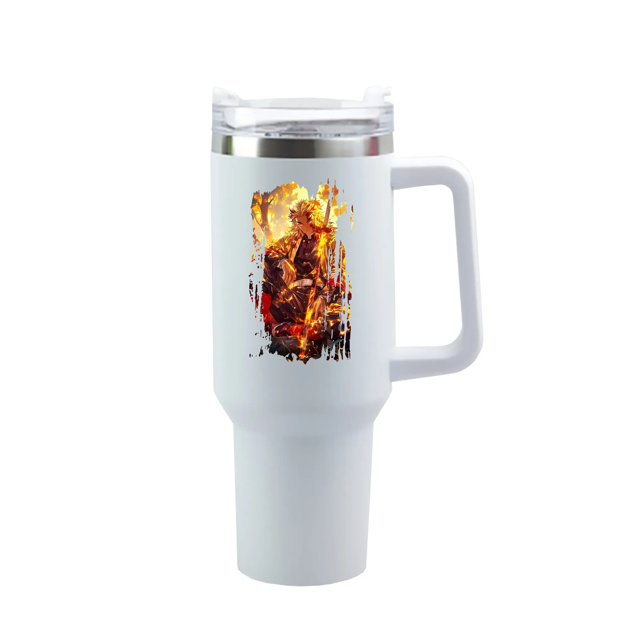 鬼滅の刃 グッズ,煉獄 杏寿郎 - 1200mL 車用タンブラー ・ クリスタルステッカー ・ 304ステンレス 内側 ・ 201ステンレス 外側 ・ 保温 保冷 ・ ハンドル＆ストロー付き ・ 通勤 ドライブ アウトドア用