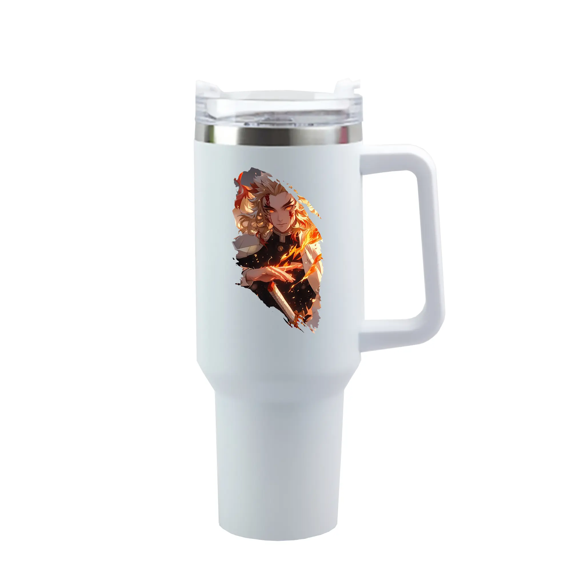 鬼滅の刃 グッズ,煉獄 杏寿郎 - 1200mL 車用タンブラー ・ クリスタルステッカー ・ 304ステンレス 内側 ・ 201ステンレス 外側 ・ 保温 保冷 ・ ハンドル＆ストロー付き ・ 通勤 ドライブ アウトドア用