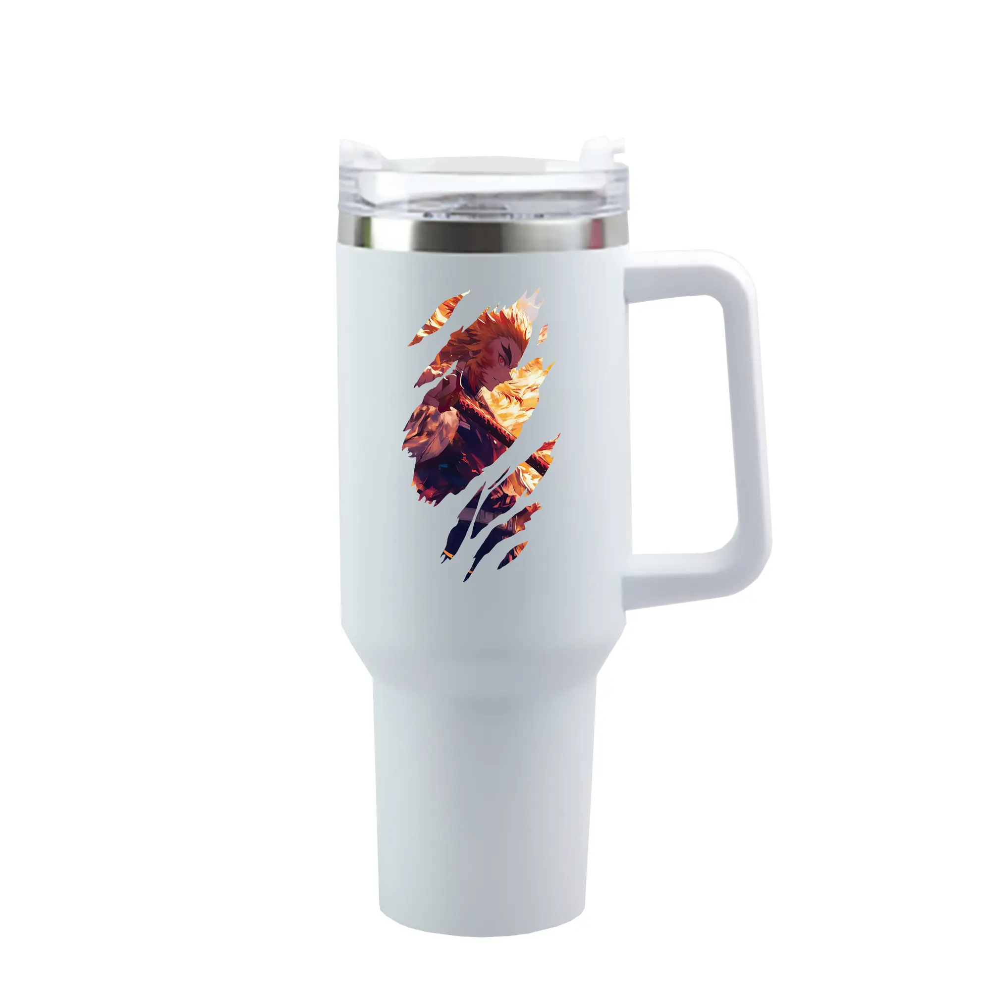 鬼滅の刃 グッズ,煉獄 杏寿郎 - 1200mL 車用タンブラー ・ クリスタルステッカー ・ 304ステンレス 内側 ・ 201ステンレス 外側 ・ 保温 保冷 ・ ハンドル＆ストロー付き ・ 通勤 ドライブ アウトドア用