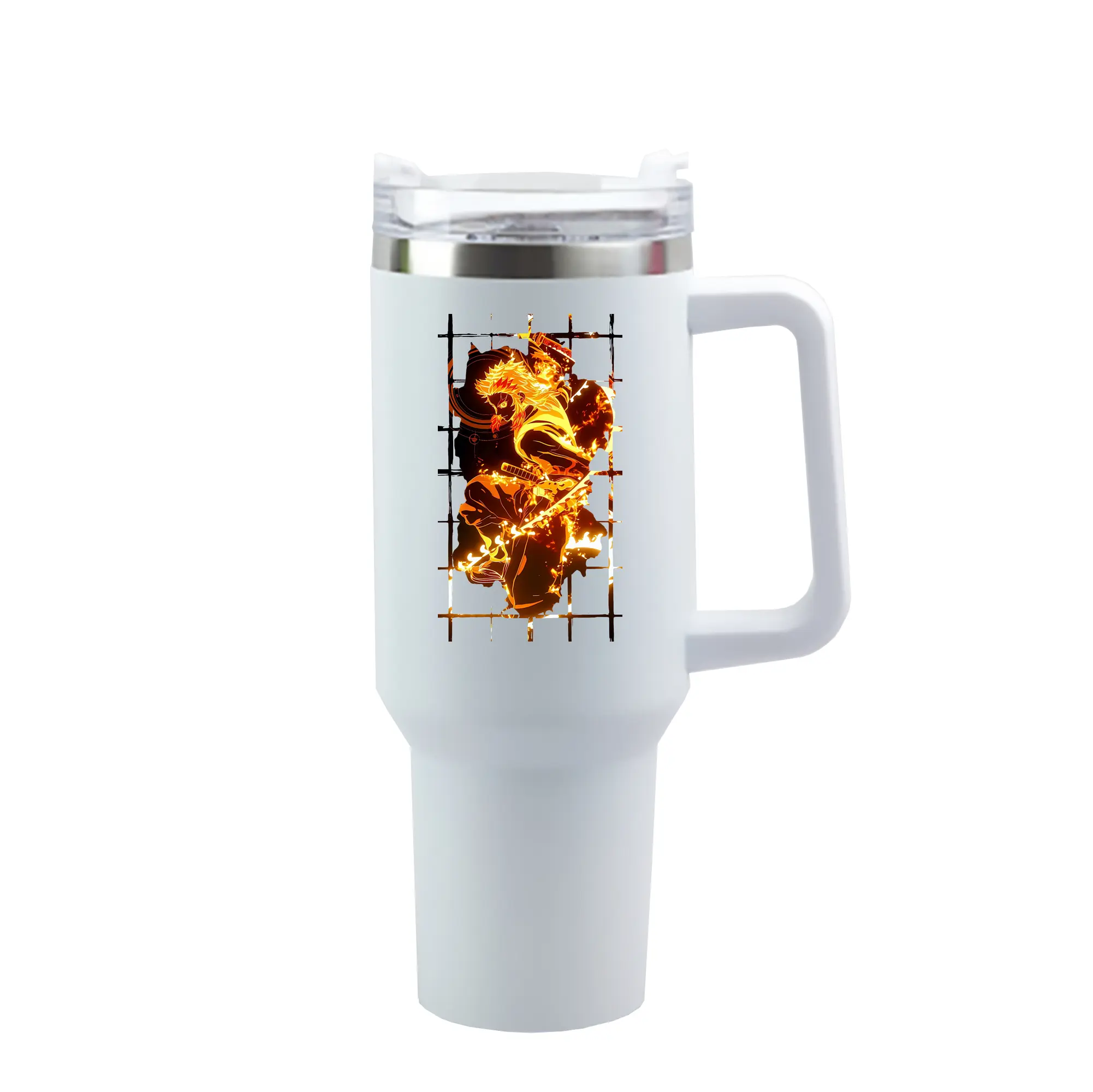 鬼滅の刃 グッズ,煉獄 杏寿郎 - 1200mL 車用タンブラー ・ クリスタルステッカー ・ 304ステンレス 内側 ・ 201ステンレス 外側 ・ 保温 保冷 ・ ハンドル＆ストロー付き ・ 通勤 ドライブ アウトドア用