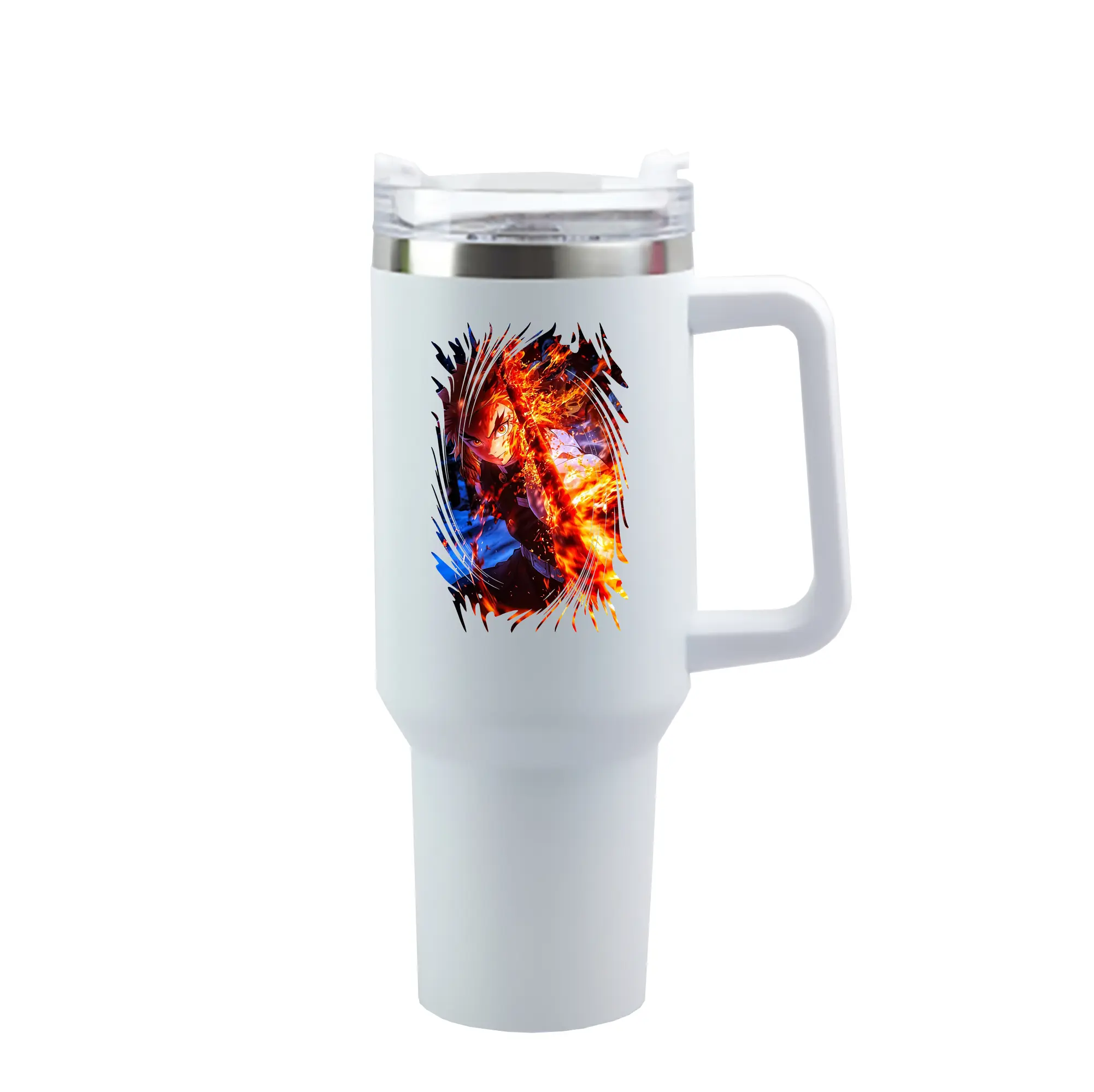 鬼滅の刃 グッズ,煉獄 杏寿郎 - 1200mL 車用タンブラー ・ クリスタルステッカー ・ 304ステンレス 内側 ・ 201ステンレス 外側 ・ 保温 保冷 ・ ハンドル＆ストロー付き ・ 通勤 ドライブ アウトドア用