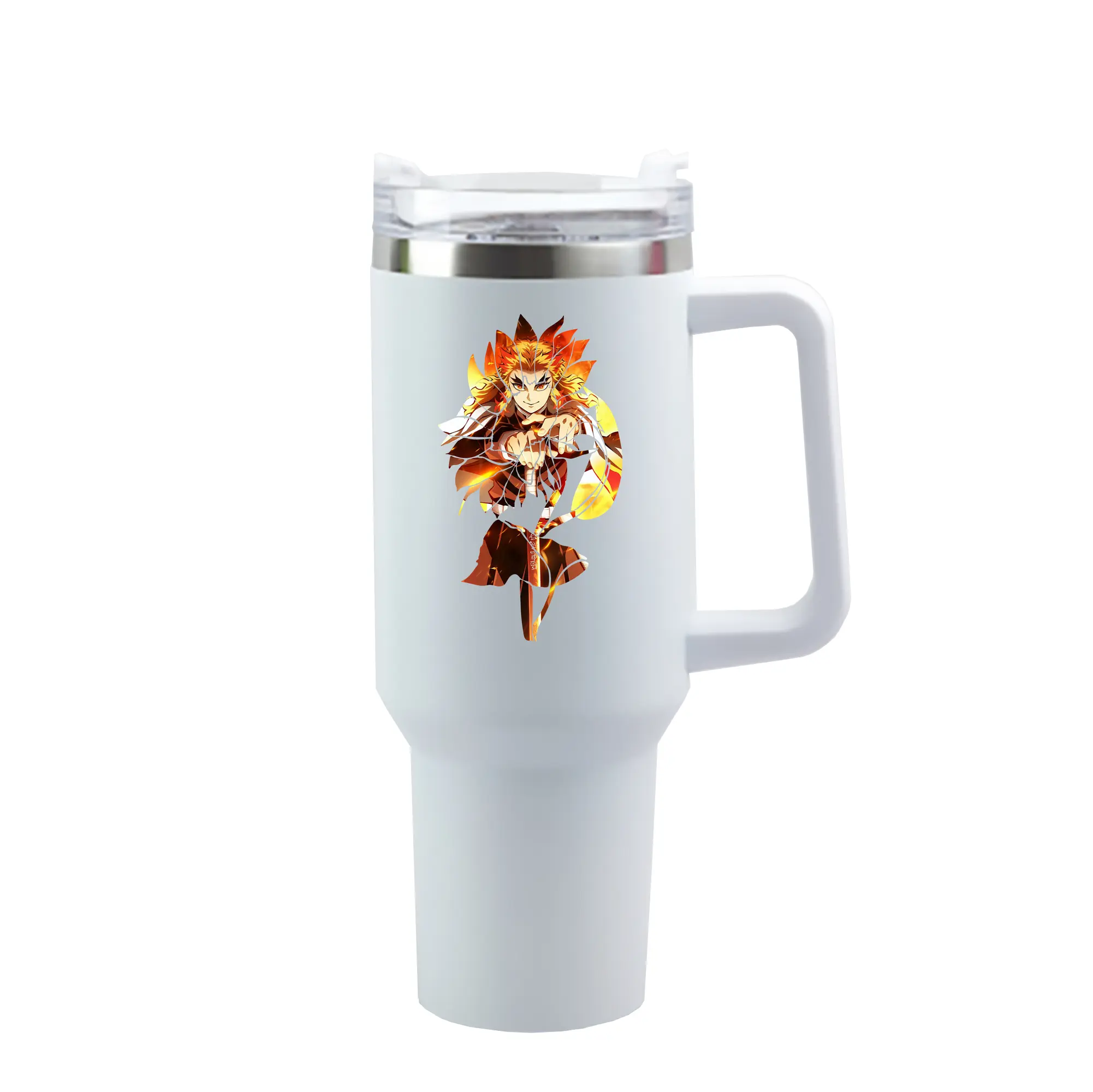 鬼滅の刃 グッズ,煉獄 杏寿郎 - 1200mL 車用タンブラー ・ クリスタルステッカー ・ 304ステンレス 内側 ・ 201ステンレス 外側 ・ 保温 保冷 ・ ハンドル＆ストロー付き ・ 通勤 ドライブ アウトドア用