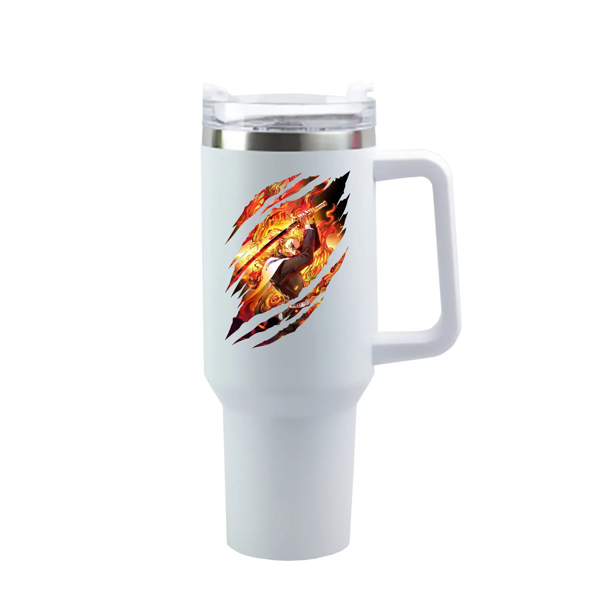 鬼滅の刃 グッズ,煉獄 杏寿郎 - 1200mL 車用タンブラー ・ クリスタルステッカー ・ 304ステンレス 内側 ・ 201ステンレス 外側 ・ 保温 保冷 ・ ハンドル＆ストロー付き ・ 通勤 ドライブ アウトドア用