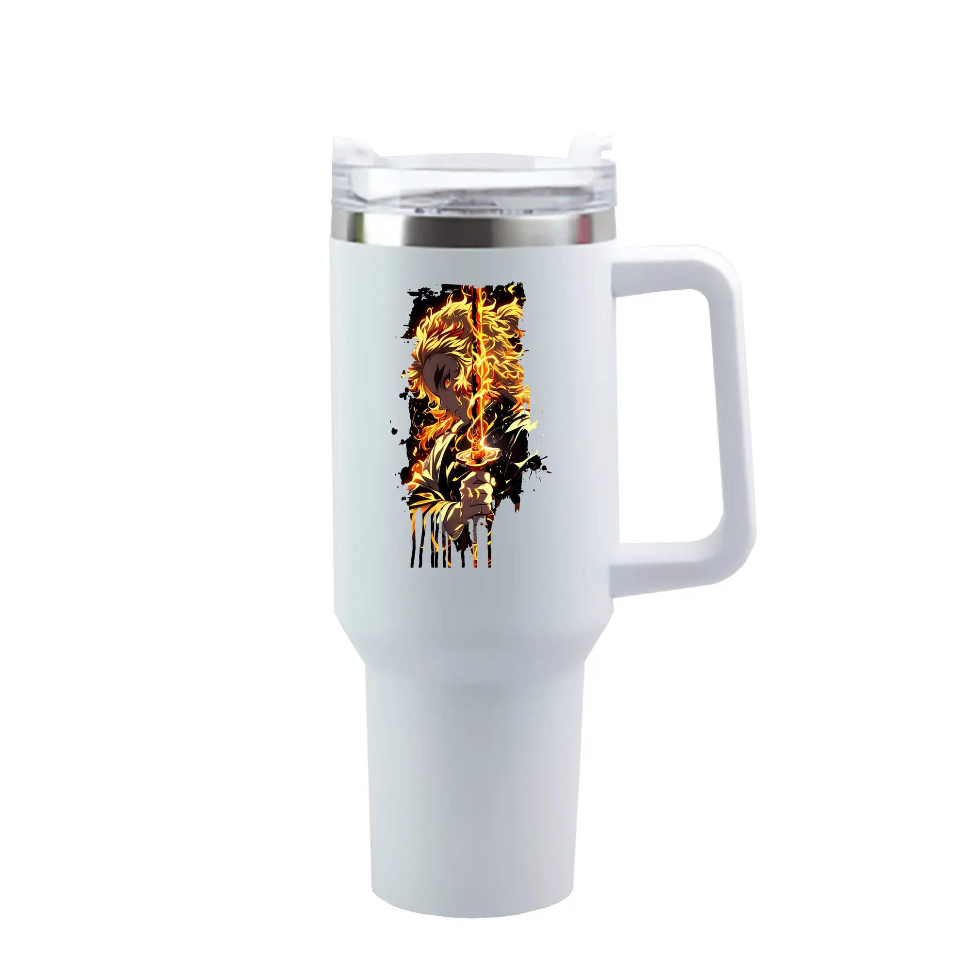 鬼滅の刃 グッズ,煉獄 杏寿郎 - 1200mL 車用タンブラー ・ クリスタルステッカー ・ 304ステンレス 内側 ・ 201ステンレス 外側 ・ 保温 保冷 ・ ハンドル＆ストロー付き ・ 通勤 ドライブ アウトドア用