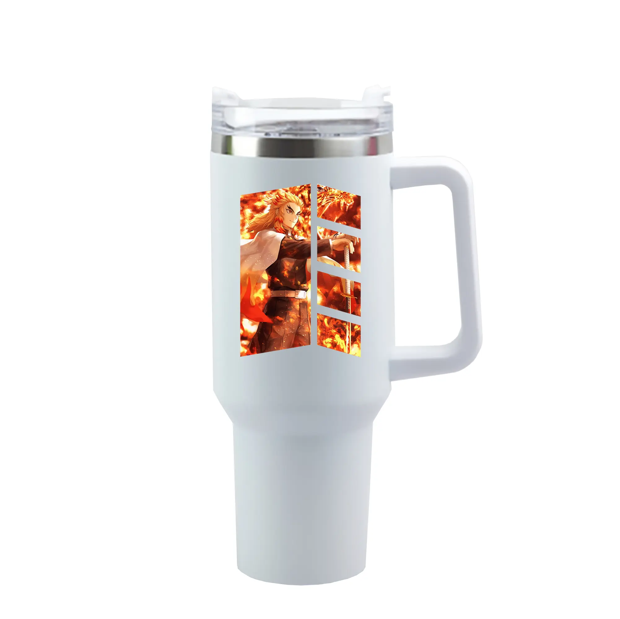 鬼滅の刃 グッズ,煉獄 杏寿郎 - 1200mL 車用タンブラー ・ クリスタルステッカー ・ 304ステンレス 内側 ・ 201ステンレス 外側 ・ 保温 保冷 ・ ハンドル＆ストロー付き ・ 通勤 ドライブ アウトドア用