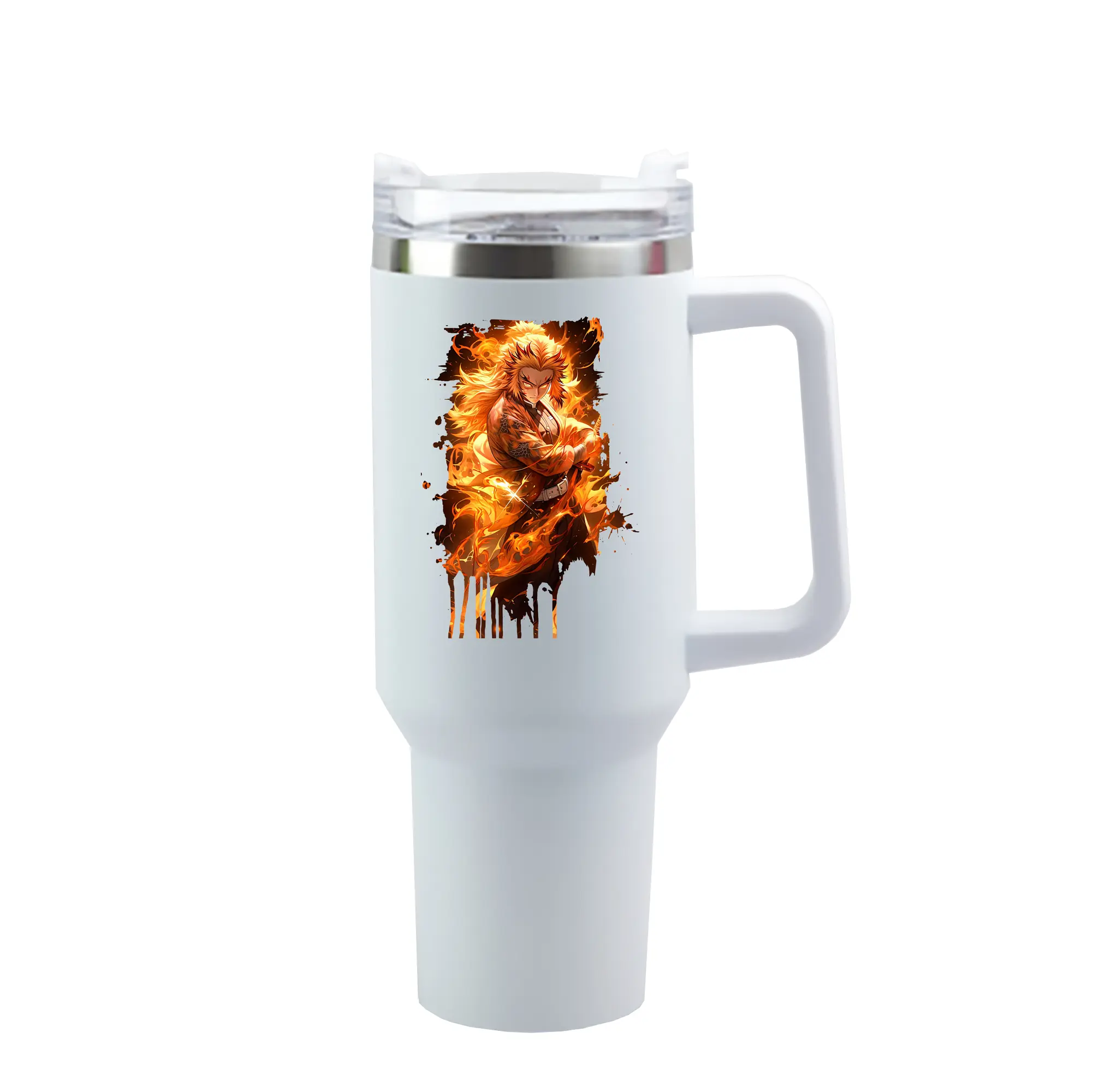 鬼滅の刃 グッズ,煉獄 杏寿郎 - 1200mL 車用タンブラー ・ クリスタルステッカー ・ 304ステンレス 内側 ・ 201ステンレス 外側 ・ 保温 保冷 ・ ハンドル＆ストロー付き ・ 通勤 ドライブ アウトドア用