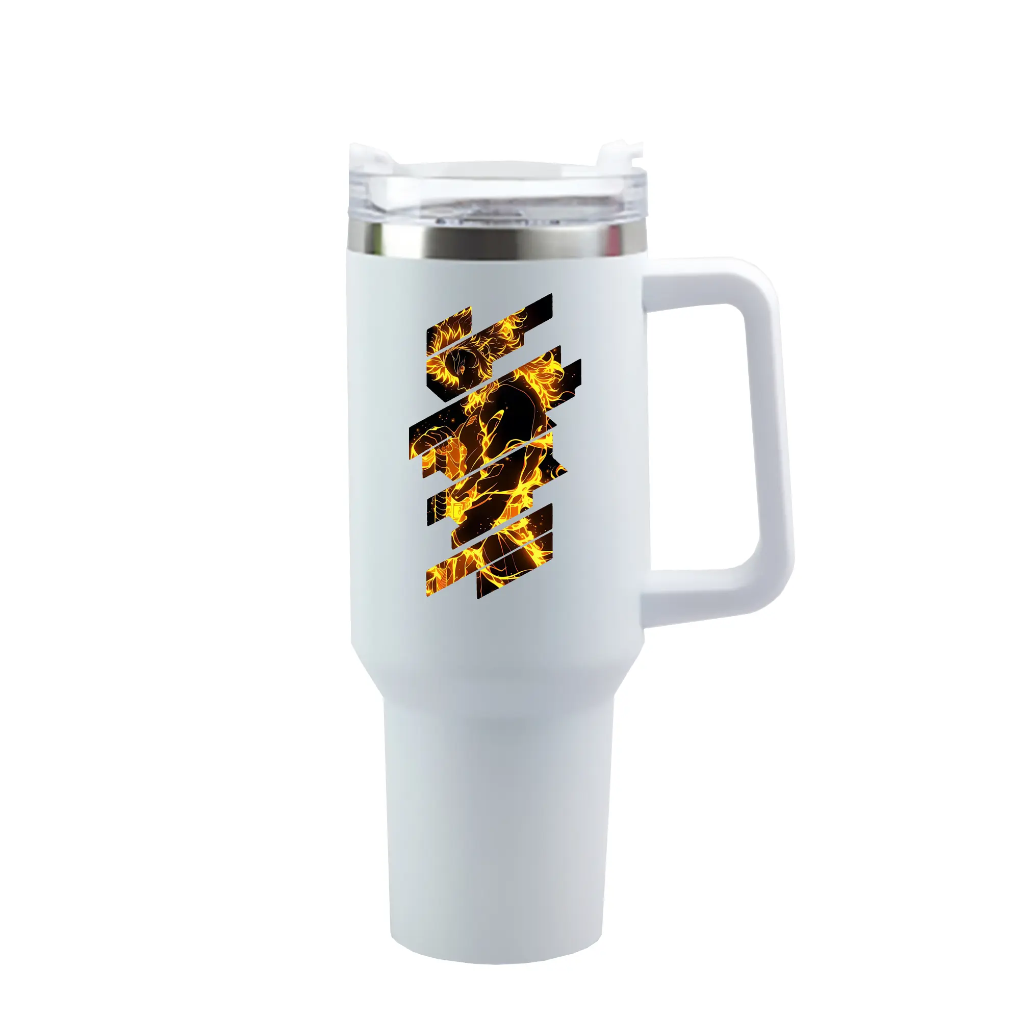 鬼滅の刃 グッズ,煉獄 杏寿郎 - 1200mL 車用タンブラー ・ クリスタルステッカー ・ 304ステンレス 内側 ・ 201ステンレス 外側 ・ 保温 保冷 ・ ハンドル＆ストロー付き ・ 通勤 ドライブ アウトドア用