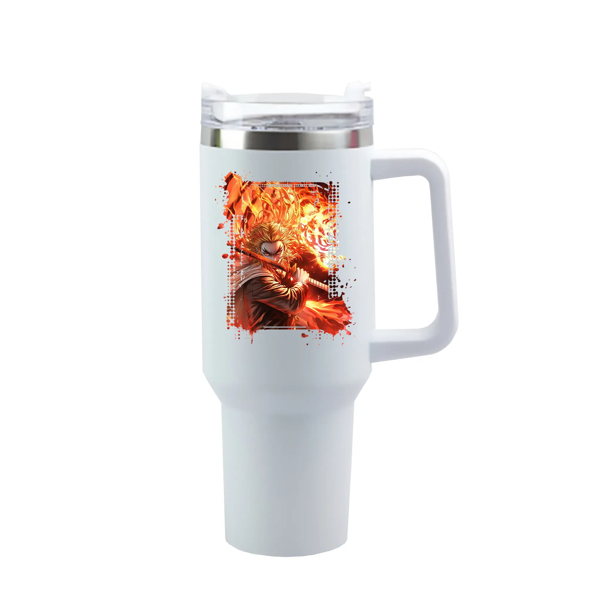 鬼滅の刃 グッズ,煉獄 杏寿郎 - 1200mL 車用タンブラー ・ クリスタルステッカー ・ 304ステンレス 内側 ・ 201ステンレス 外側 ・ 保温 保冷 ・ ハンドル＆ストロー付き ・ 通勤 ドライブ アウトドア用