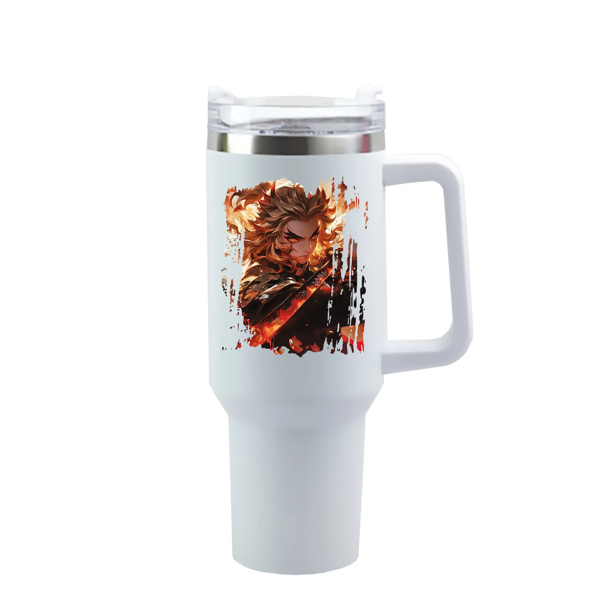 鬼滅の刃 グッズ,煉獄 杏寿郎 - 1200mL 車用タンブラー ・ クリスタルステッカー ・ 304ステンレス 内側 ・ 201ステンレス 外側 ・ 保温 保冷 ・ ハンドル＆ストロー付き ・ 通勤 ドライブ アウトドア用