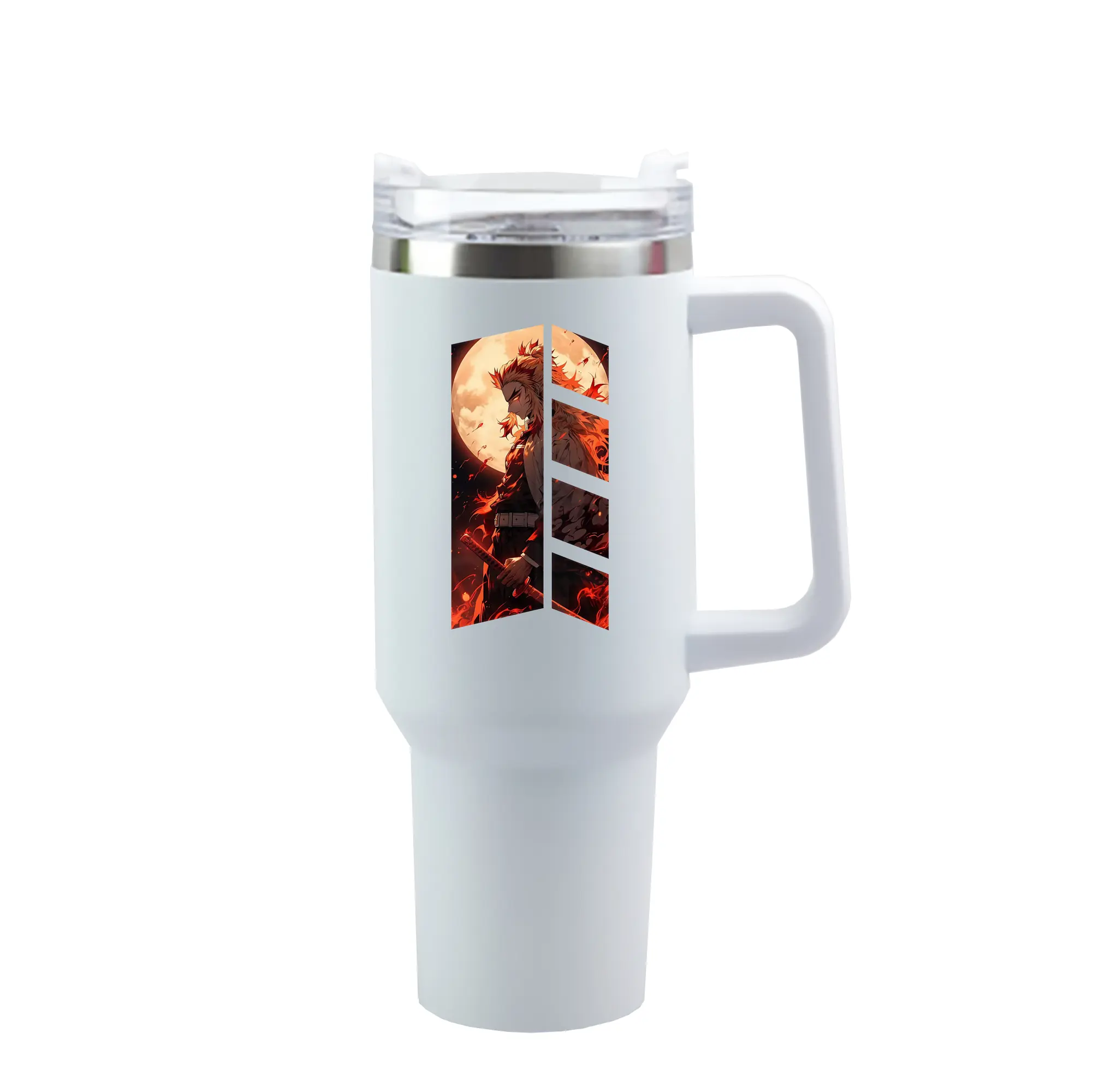 鬼滅の刃 グッズ,煉獄 杏寿郎 - 1200mL 車用タンブラー ・ クリスタルステッカー ・ 304ステンレス 内側 ・ 201ステンレス 外側 ・ 保温 保冷 ・ ハンドル＆ストロー付き ・ 通勤 ドライブ アウトドア用