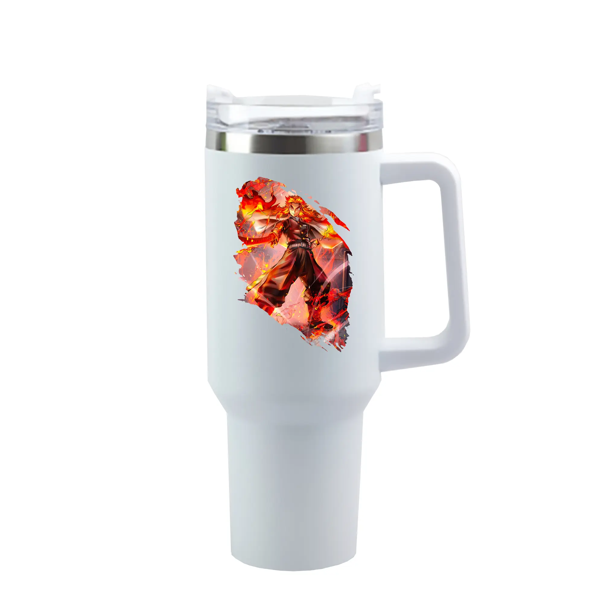 鬼滅の刃 グッズ,煉獄 杏寿郎 - 1200mL 車用タンブラー ・ クリスタルステッカー ・ 304ステンレス 内側 ・ 201ステンレス 外側 ・ 保温 保冷 ・ ハンドル＆ストロー付き ・ 通勤 ドライブ アウトドア用