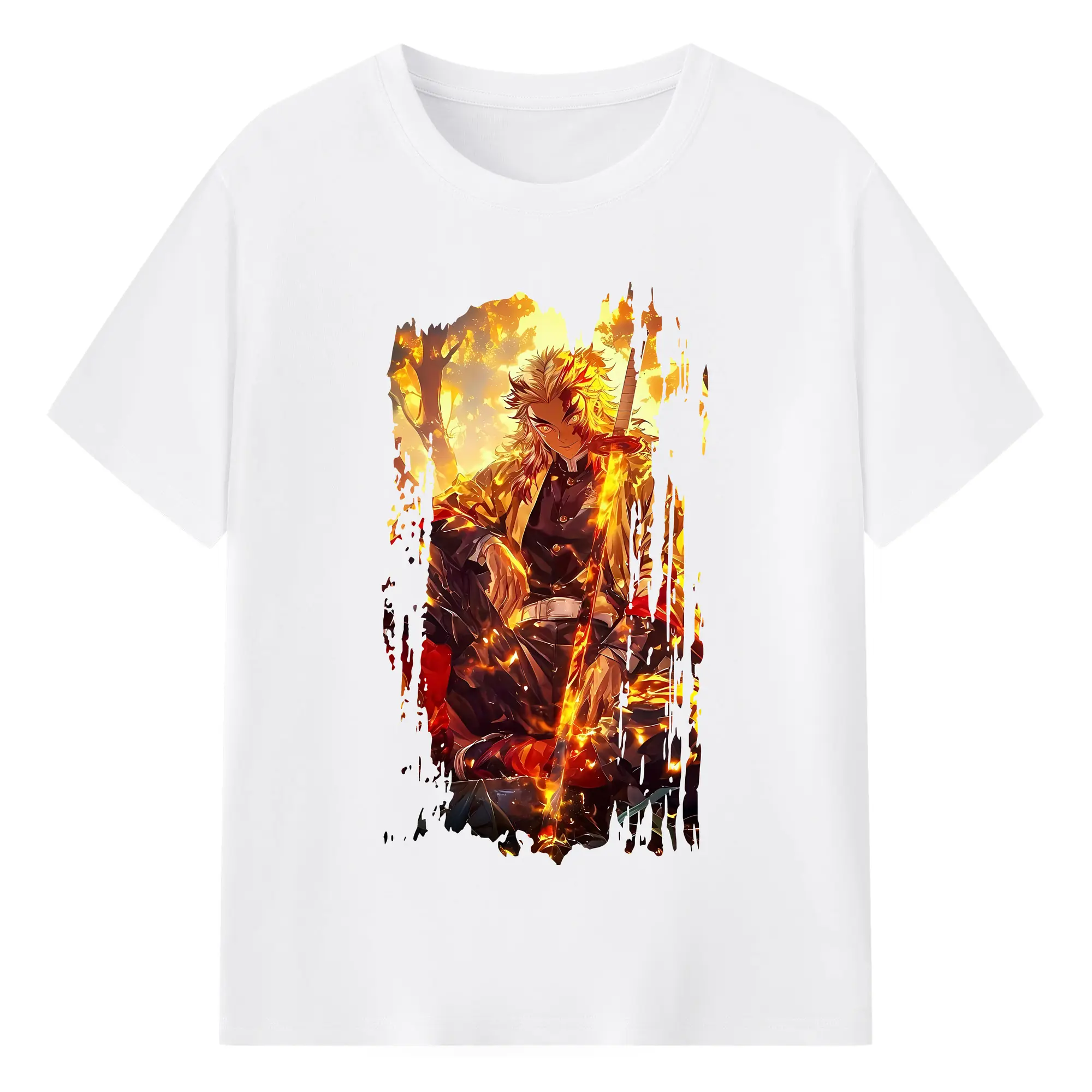 鬼滅の刃 グッズ,煉獄 杏寿郎 - 綿100％ 半袖Tシャツ ・ フロントプリント ・ 快適 通気性 ・ 日常使い 散歩 スポーツ用