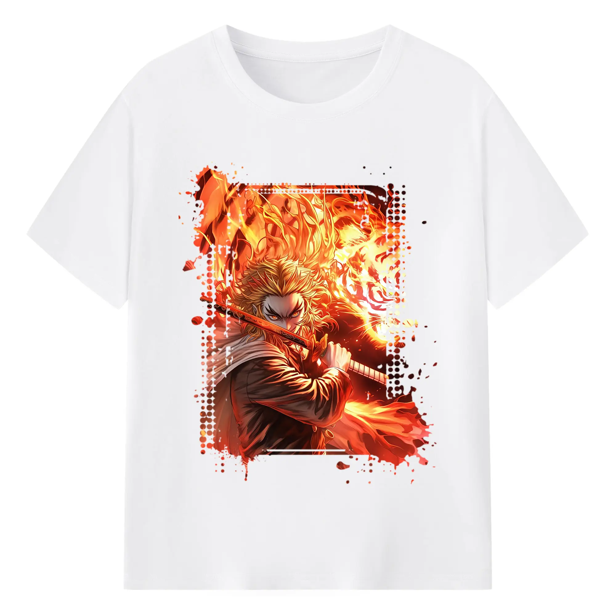 鬼滅の刃 グッズ,煉獄 杏寿郎 - 綿100％ 半袖Tシャツ ・ フロントプリント ・ 快適 通気性 ・ 日常使い 散歩 スポーツ用