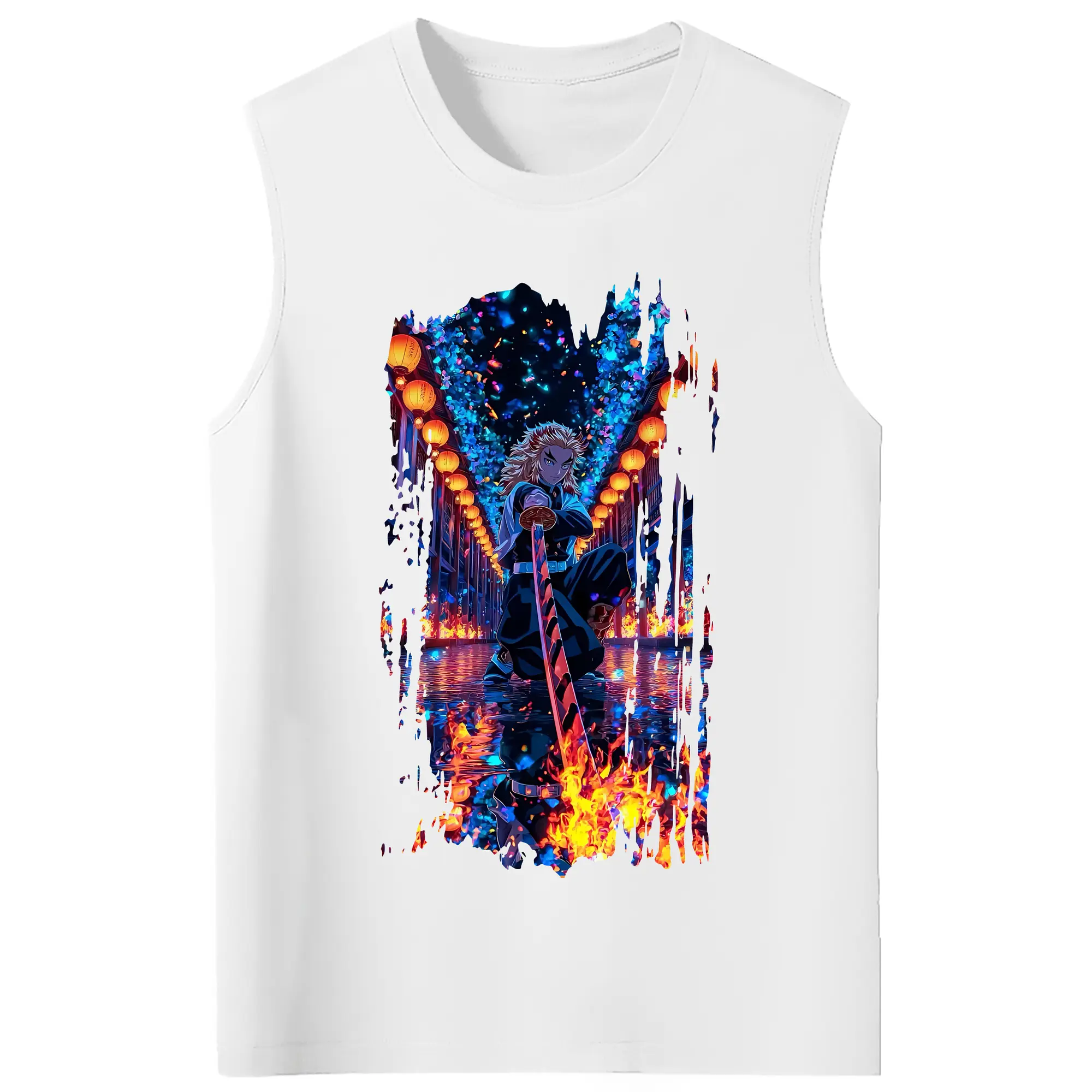 鬼滅の刃 グッズ,煉獄 杏寿郎 - コットン100％ タンクトップ ・ フロントプリント ・ タイトフィット ・ 快適 通気性 ・ スポーツ カジュアル 散歩用