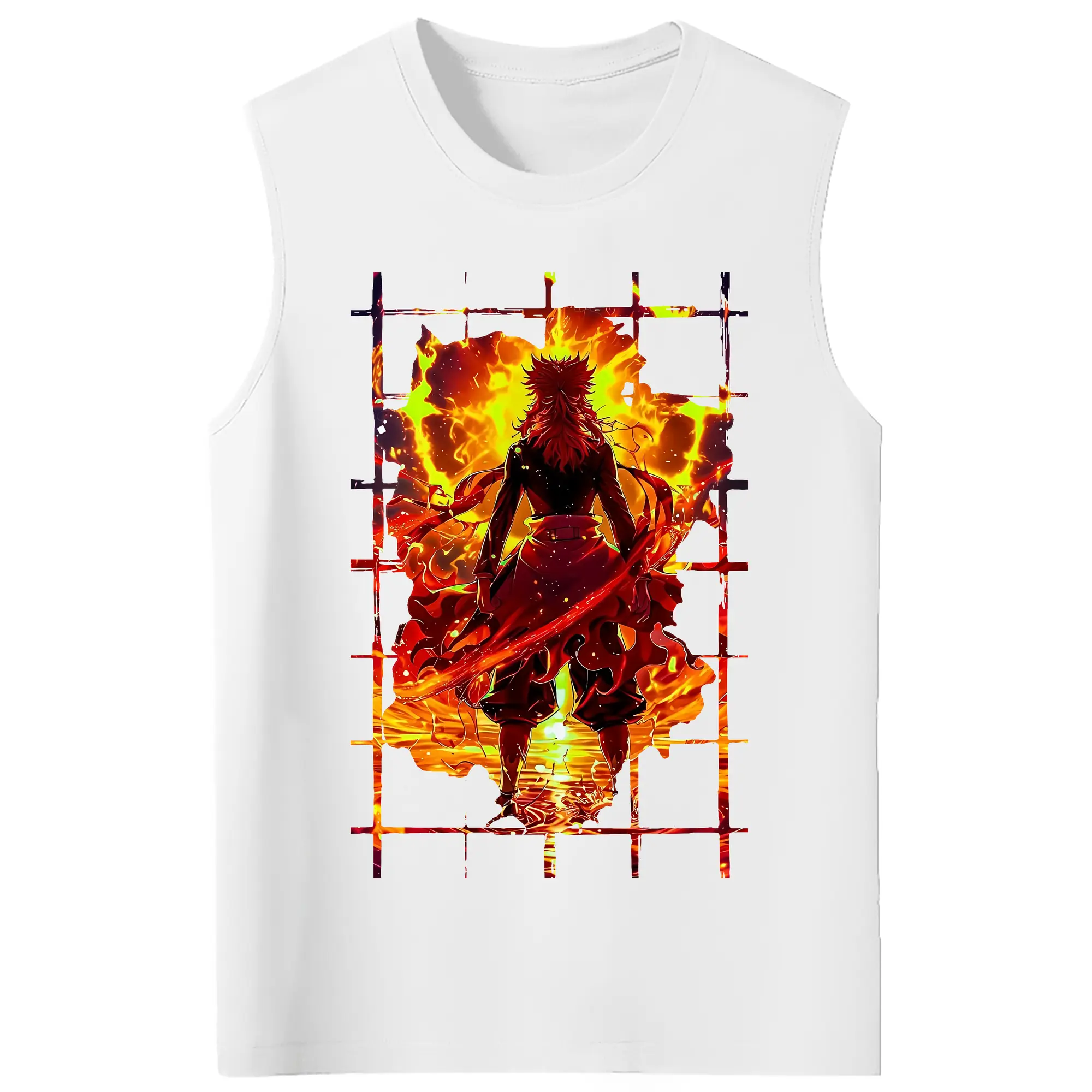 鬼滅の刃 グッズ,煉獄 杏寿郎 - コットン100％ タンクトップ ・ フロントプリント ・ タイトフィット ・ 快適 通気性 ・ スポーツ カジュアル 散歩用
