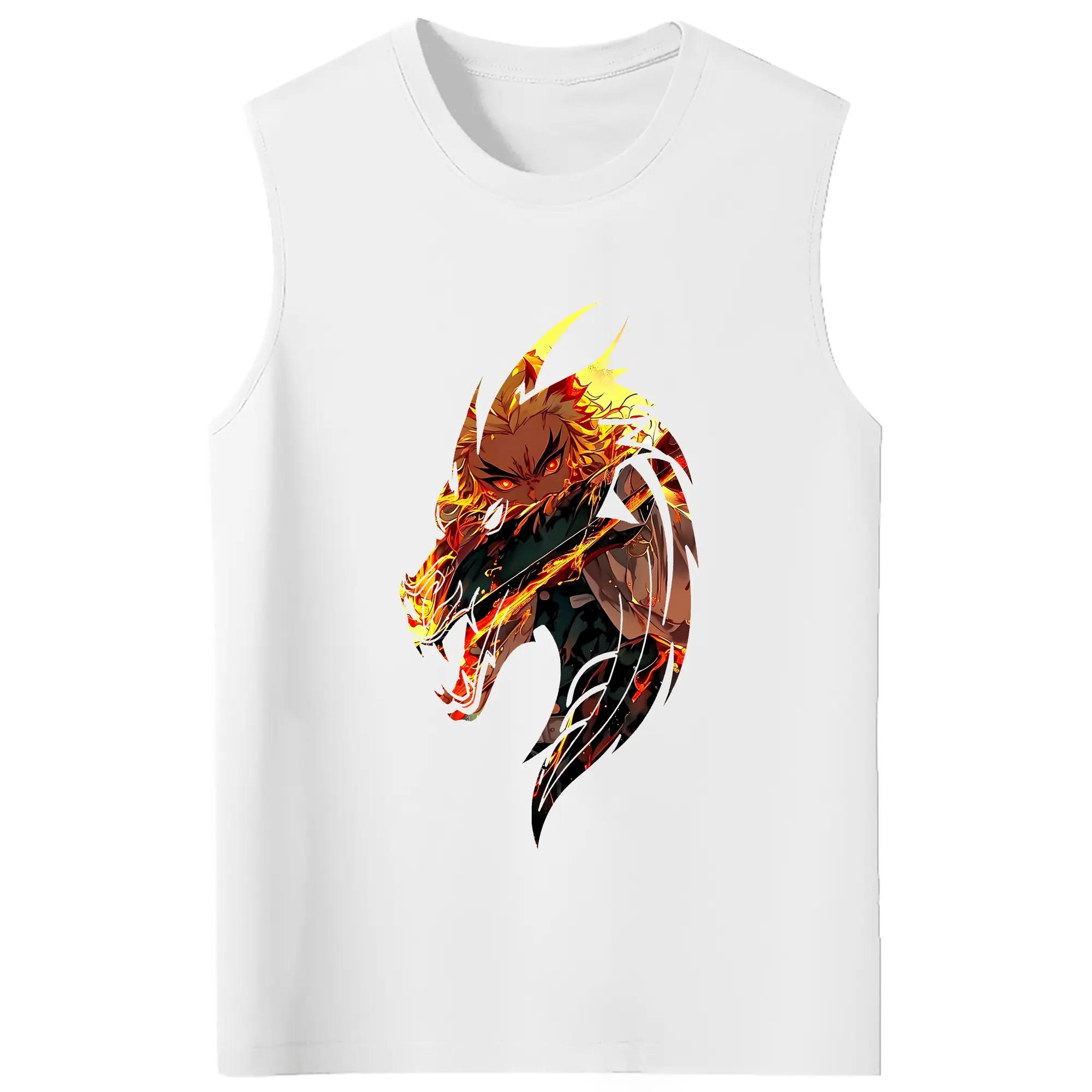 鬼滅の刃 グッズ,煉獄 杏寿郎 - コットン100％ タンクトップ ・ フロントプリント ・ タイトフィット ・ 快適 通気性 ・ スポーツ カジュアル 散歩用