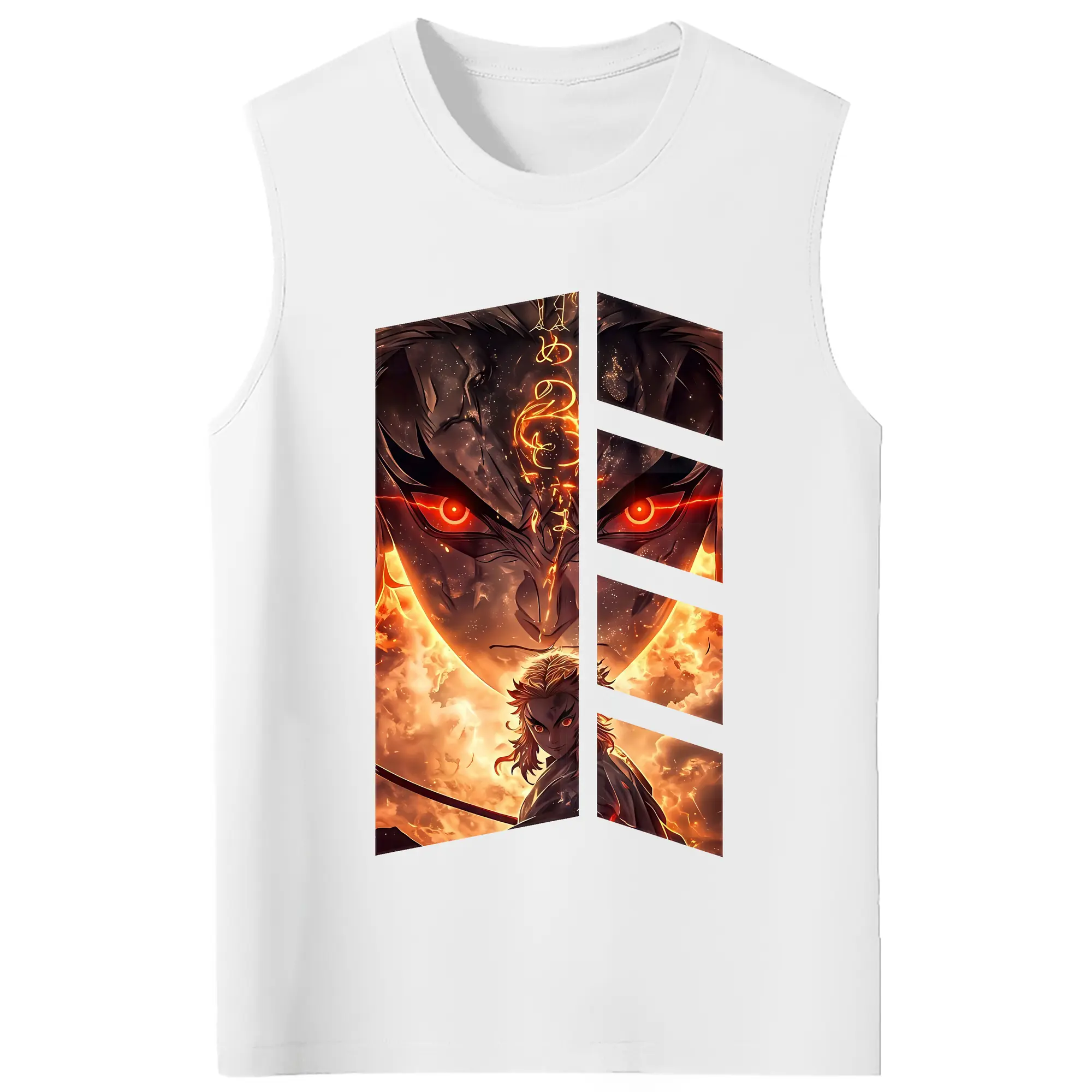鬼滅の刃 グッズ,煉獄 杏寿郎 - コットン100％ タンクトップ ・ フロントプリント ・ タイトフィット ・ 快適 通気性 ・ スポーツ カジュアル 散歩用