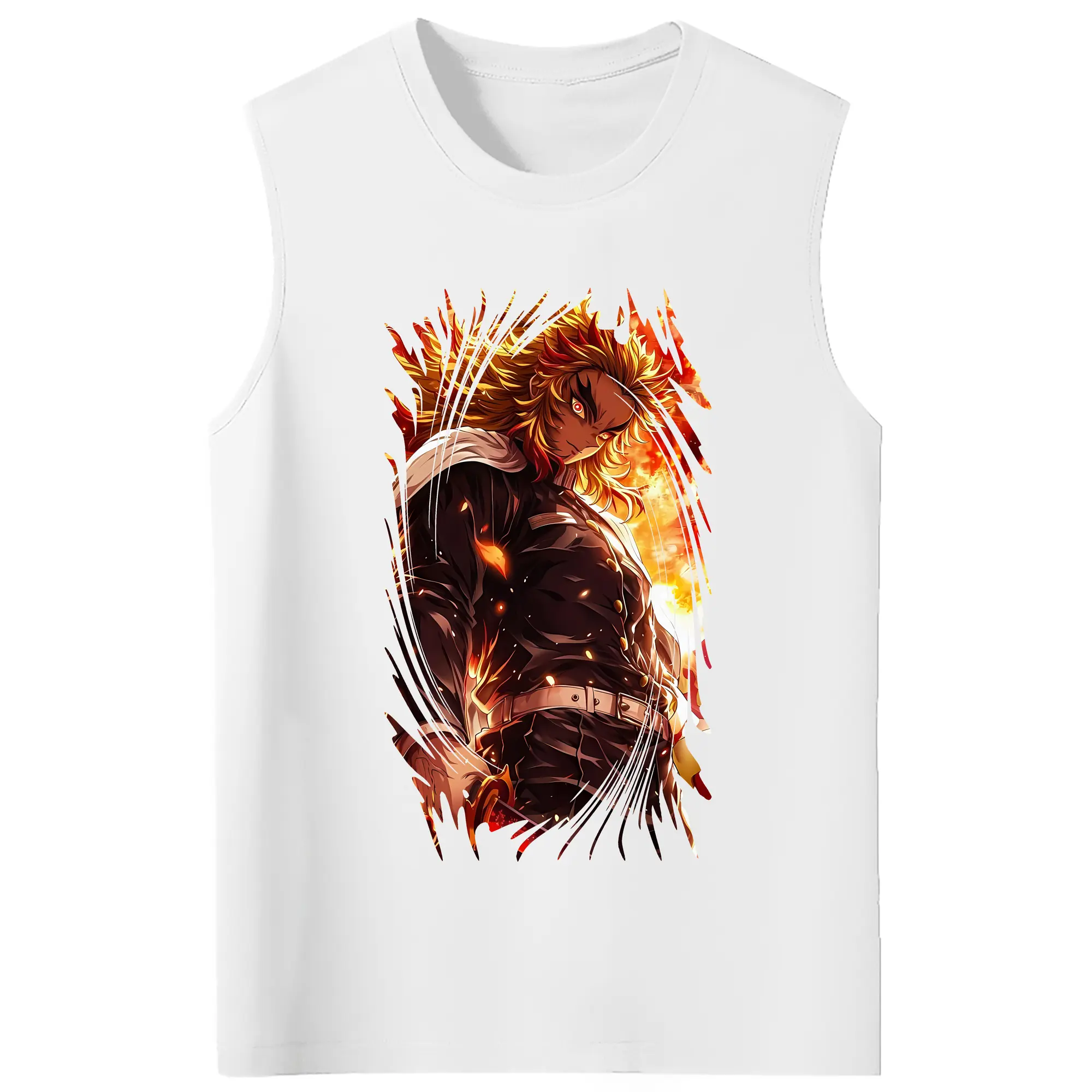 鬼滅の刃 グッズ,煉獄 杏寿郎 - コットン100％ タンクトップ ・ フロントプリント ・ タイトフィット ・ 快適 通気性 ・ スポーツ カジュアル 散歩用