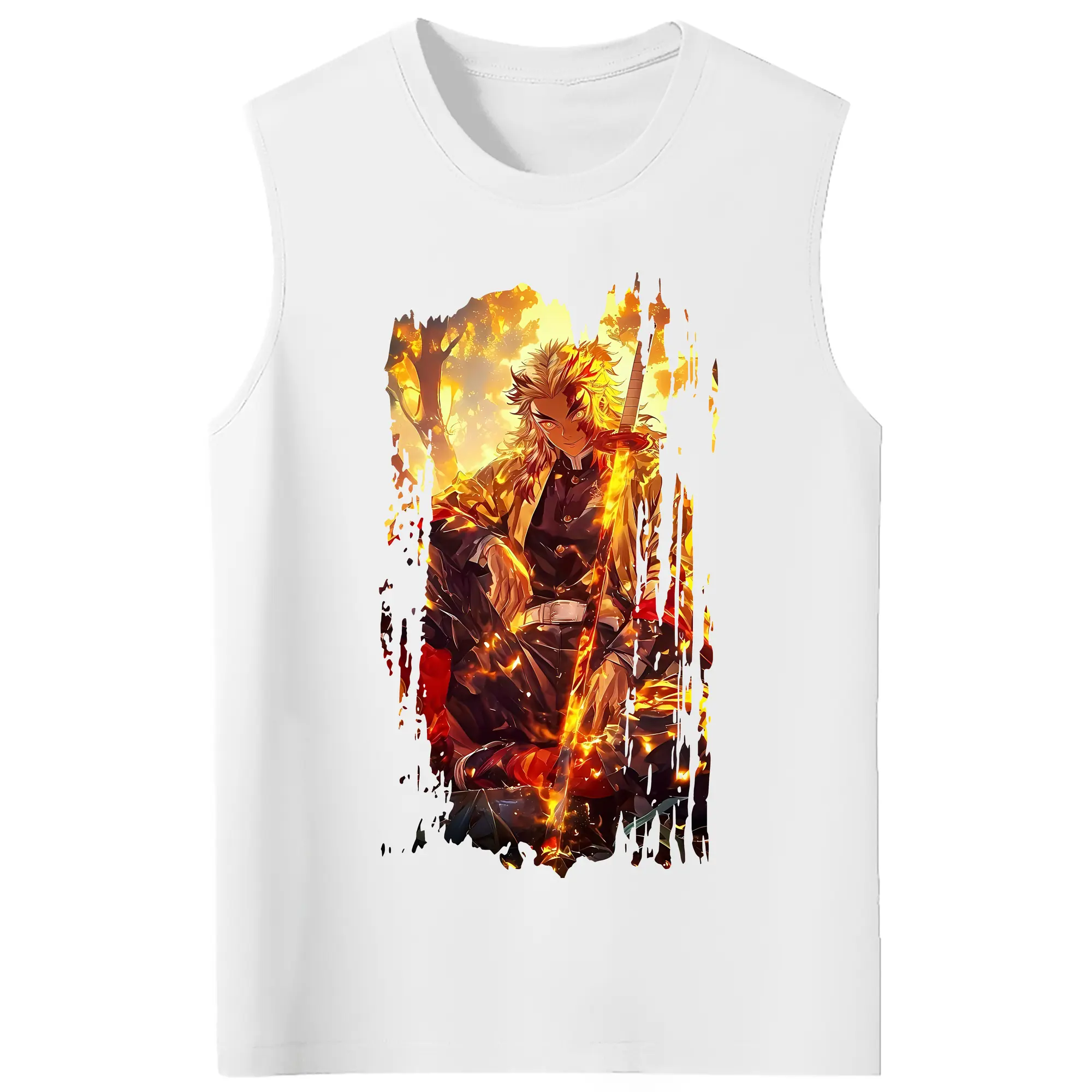 鬼滅の刃 グッズ,煉獄 杏寿郎 - コットン100％ タンクトップ ・ フロントプリント ・ タイトフィット ・ 快適 通気性 ・ スポーツ カジュアル 散歩用