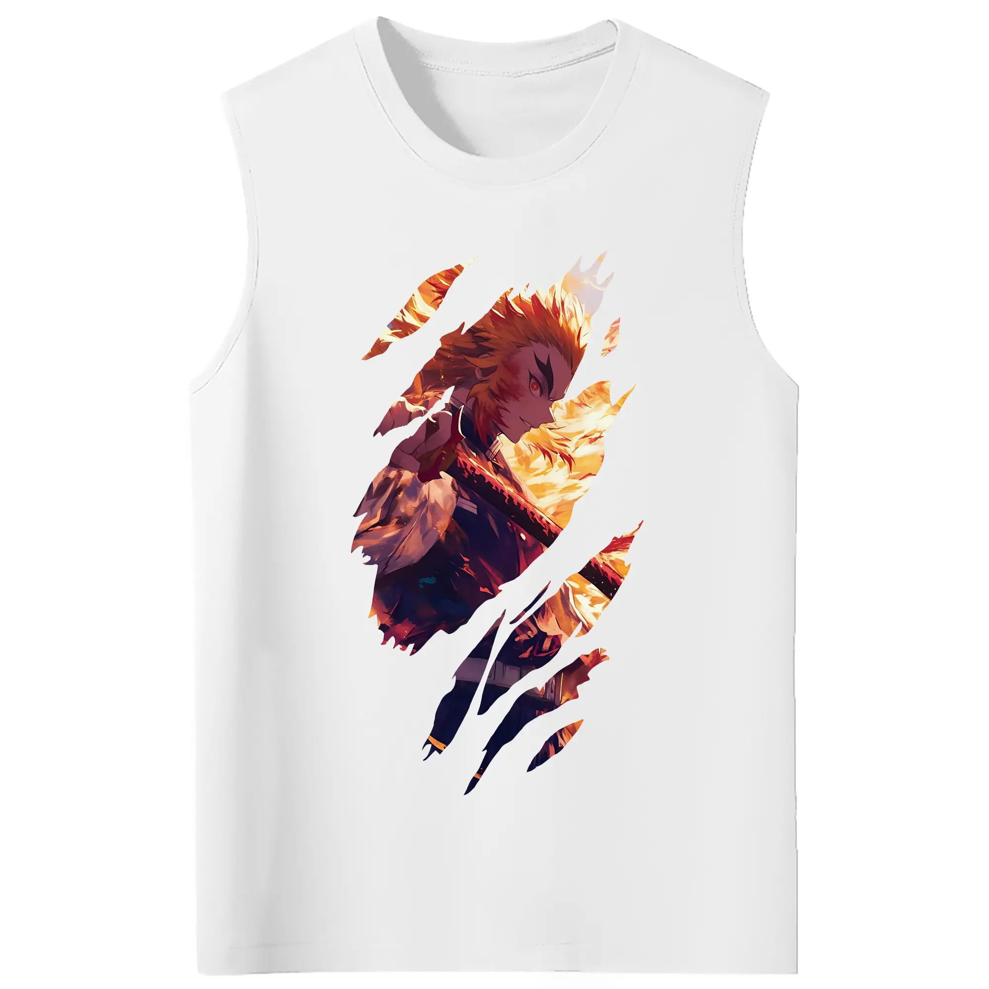 鬼滅の刃 グッズ,煉獄 杏寿郎 - コットン100％ タンクトップ ・ フロントプリント ・ タイトフィット ・ 快適 通気性 ・ スポーツ カジュアル 散歩用