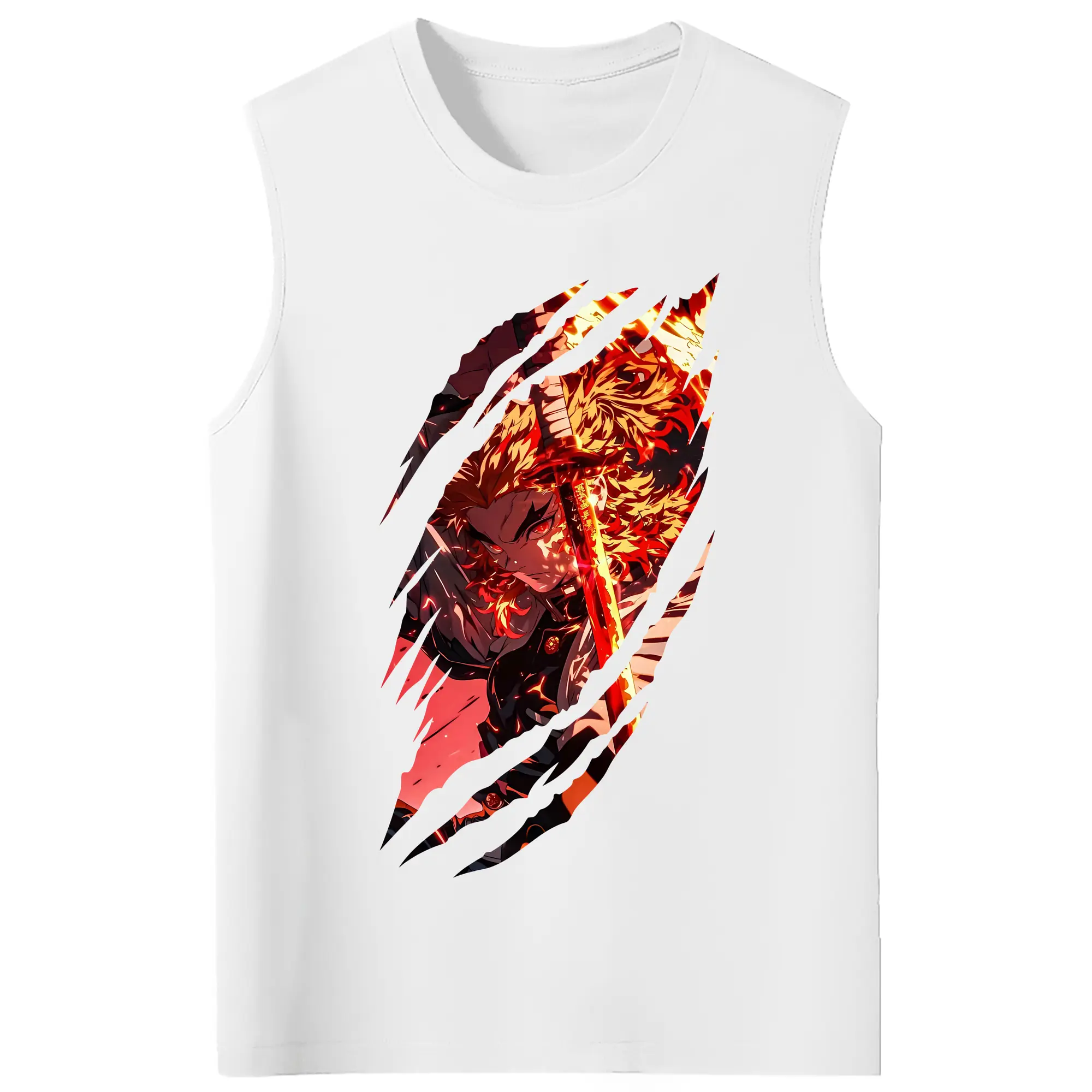 鬼滅の刃 グッズ,煉獄 杏寿郎 - コットン100％ タンクトップ ・ フロントプリント ・ タイトフィット ・ 快適 通気性 ・ スポーツ カジュアル 散歩用