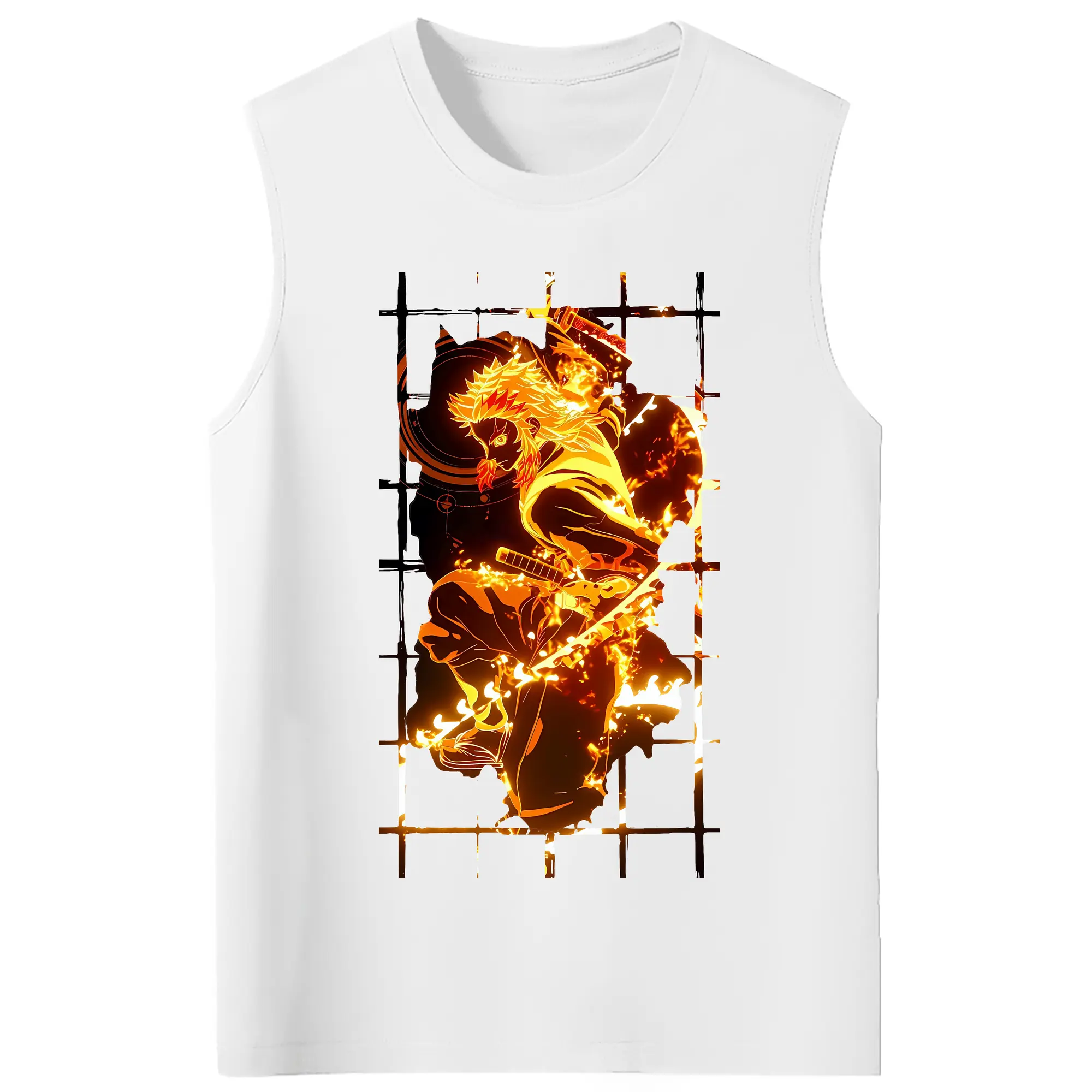 鬼滅の刃 グッズ,煉獄 杏寿郎 - コットン100％ タンクトップ ・ フロントプリント ・ タイトフィット ・ 快適 通気性 ・ スポーツ カジュアル 散歩用