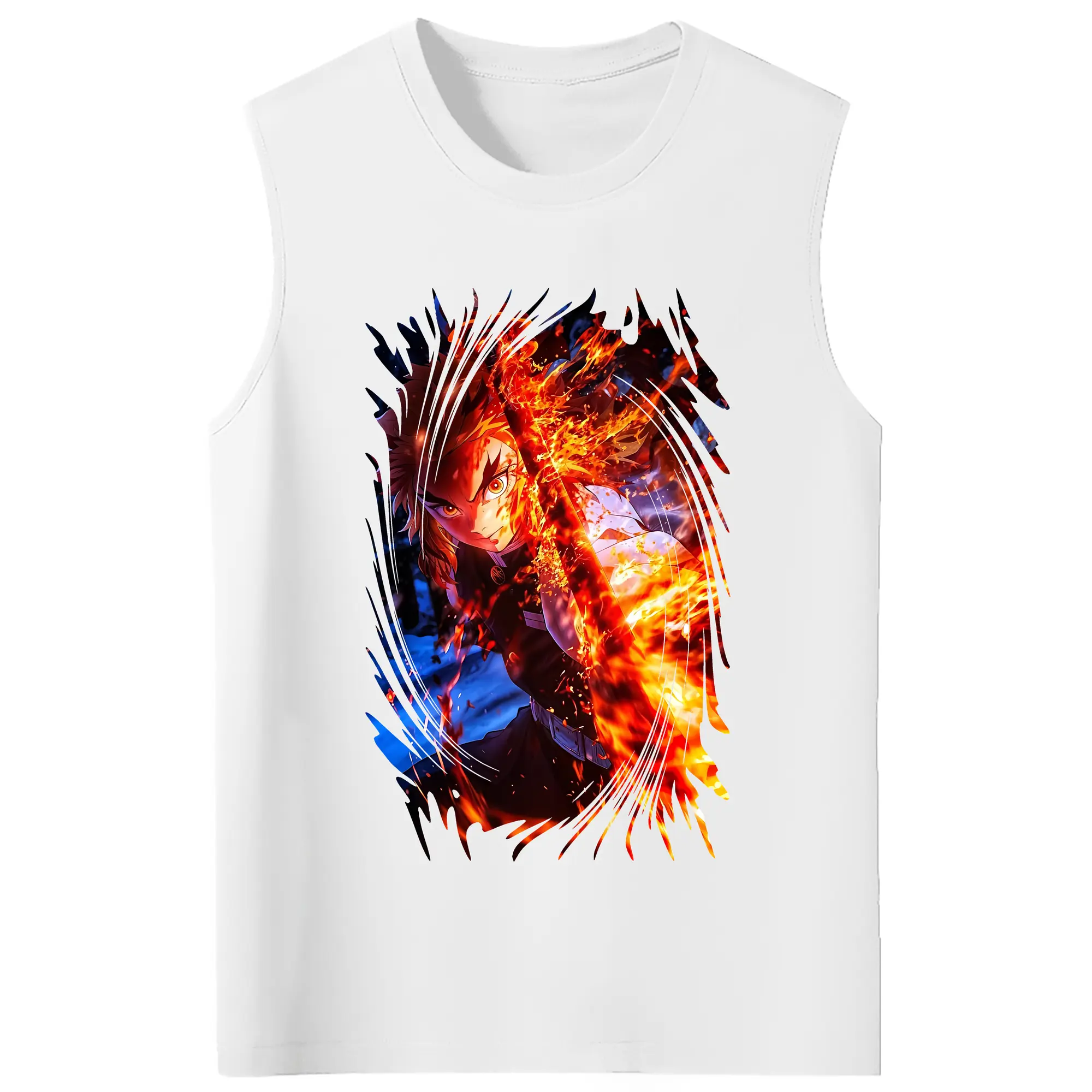 鬼滅の刃 グッズ,煉獄 杏寿郎 - コットン100％ タンクトップ ・ フロントプリント ・ タイトフィット ・ 快適 通気性 ・ スポーツ カジュアル 散歩用