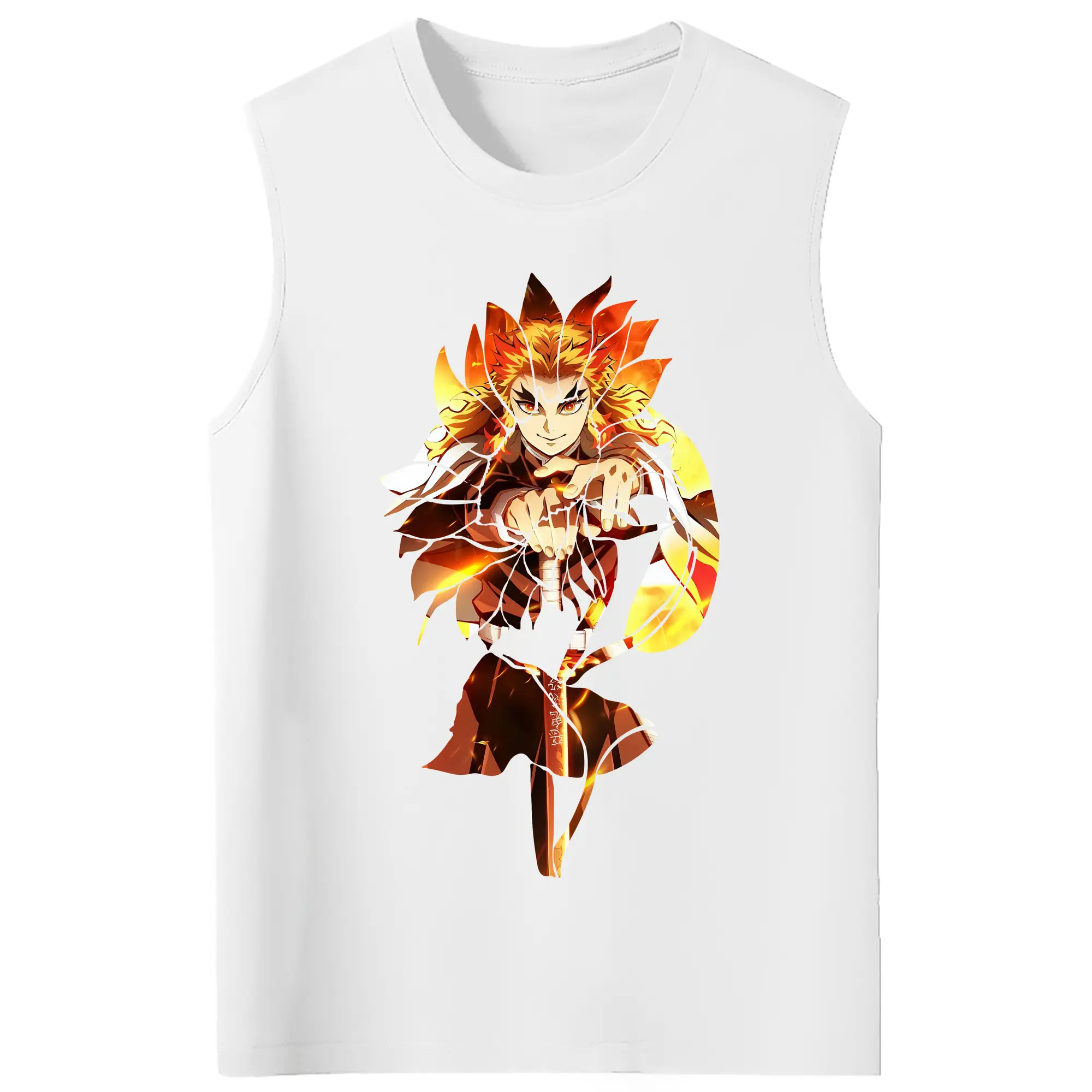 鬼滅の刃 グッズ,煉獄 杏寿郎 - コットン100％ タンクトップ ・ フロントプリント ・ タイトフィット ・ 快適 通気性 ・ スポーツ カジュアル 散歩用
