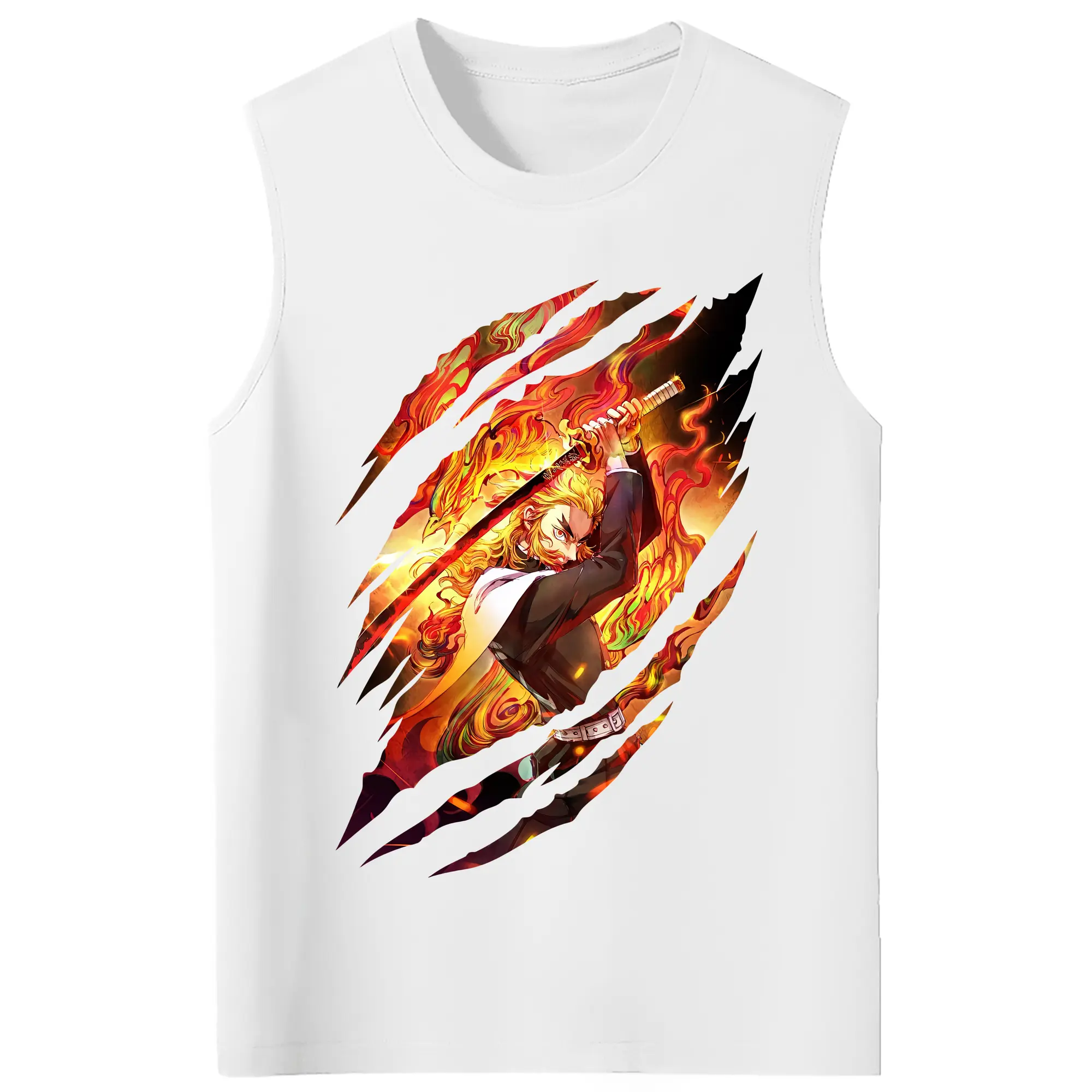 鬼滅の刃 グッズ,煉獄 杏寿郎 - コットン100％ タンクトップ ・ フロントプリント ・ タイトフィット ・ 快適 通気性 ・ スポーツ カジュアル 散歩用