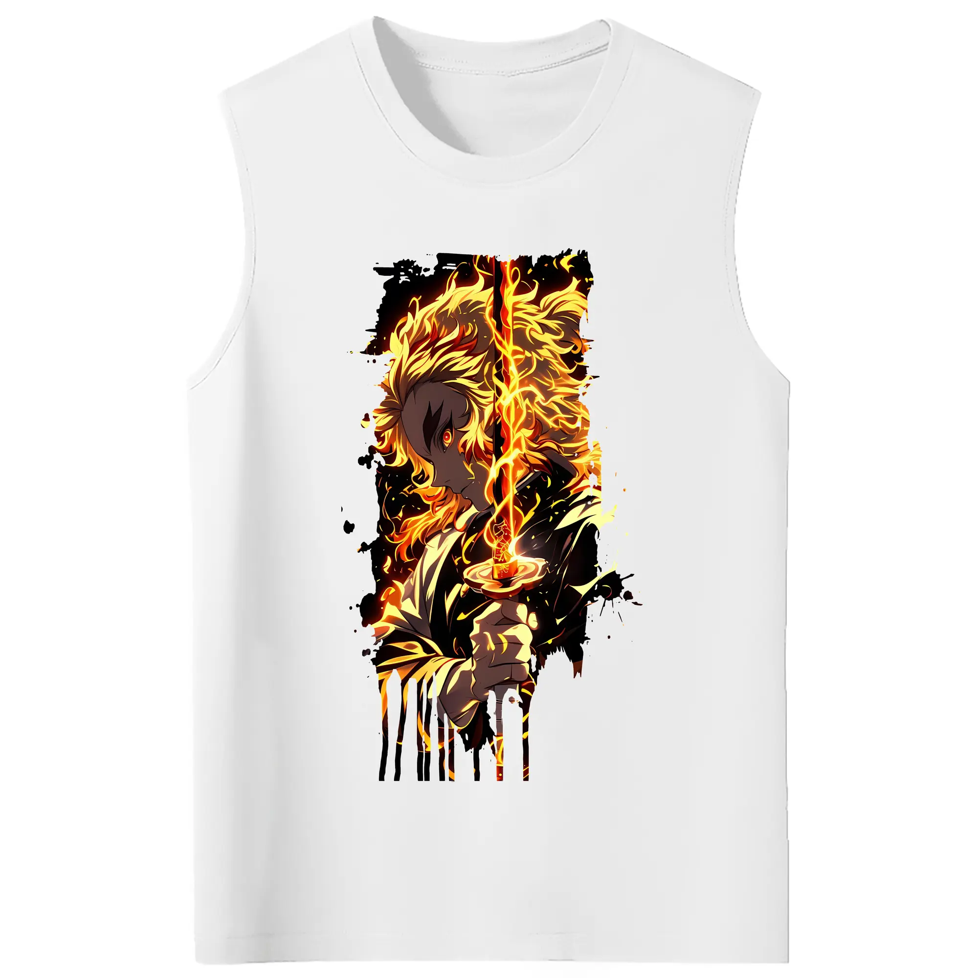 鬼滅の刃 グッズ,煉獄 杏寿郎 - コットン100％ タンクトップ ・ フロントプリント ・ タイトフィット ・ 快適 通気性 ・ スポーツ カジュアル 散歩用