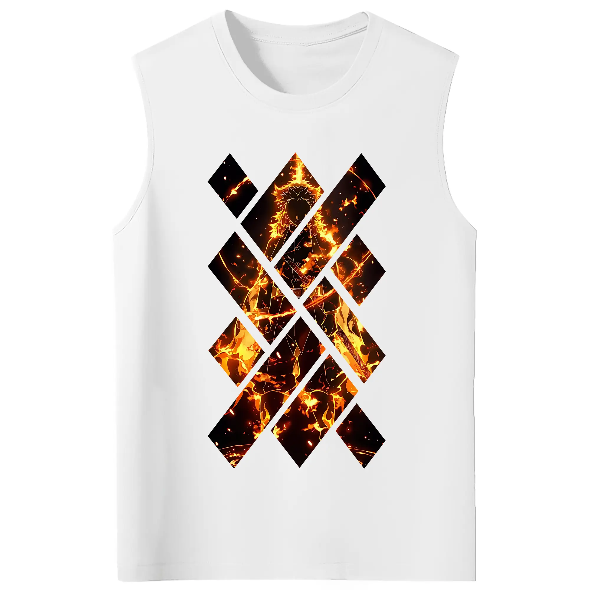 鬼滅の刃 グッズ,煉獄 杏寿郎 - コットン100％ タンクトップ ・ フロントプリント ・ タイトフィット ・ 快適 通気性 ・ スポーツ カジュアル 散歩用