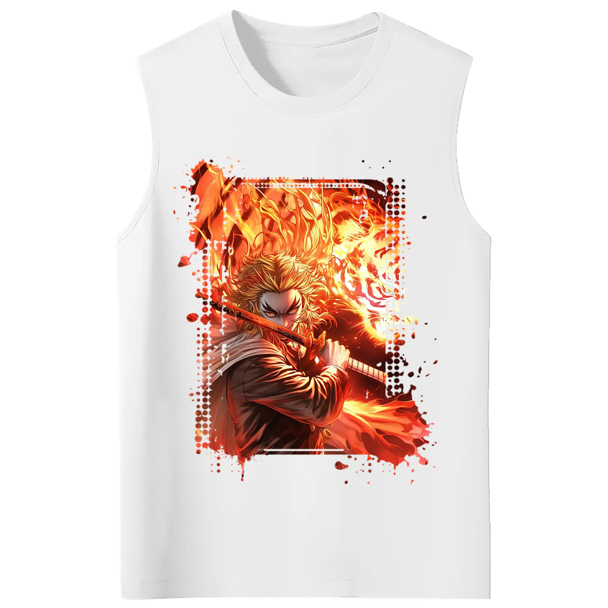 鬼滅の刃 グッズ,煉獄 杏寿郎 - コットン100％ タンクトップ ・ フロントプリント ・ タイトフィット ・ 快適 通気性 ・ スポーツ カジュアル 散歩用