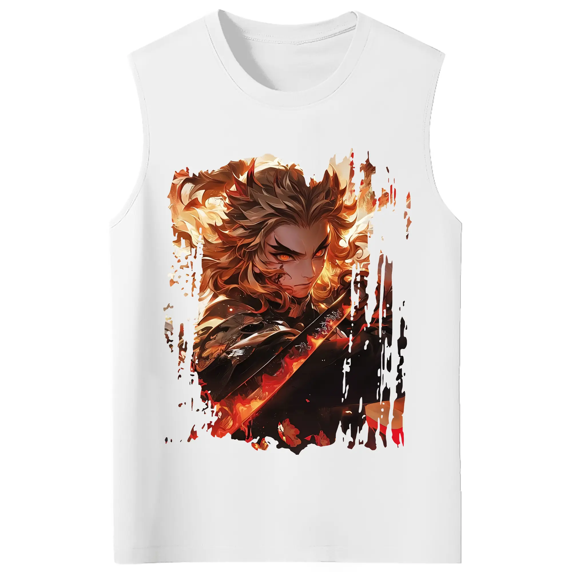 鬼滅の刃 グッズ,煉獄 杏寿郎 - コットン100％ タンクトップ ・ フロントプリント ・ タイトフィット ・ 快適 通気性 ・ スポーツ カジュアル 散歩用