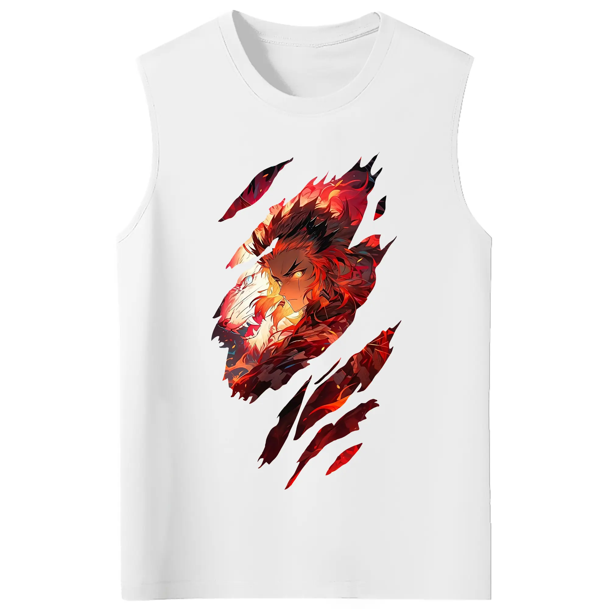 鬼滅の刃 グッズ,煉獄 杏寿郎 - コットン100％ タンクトップ ・ フロントプリント ・ タイトフィット ・ 快適 通気性 ・ スポーツ カジュアル 散歩用