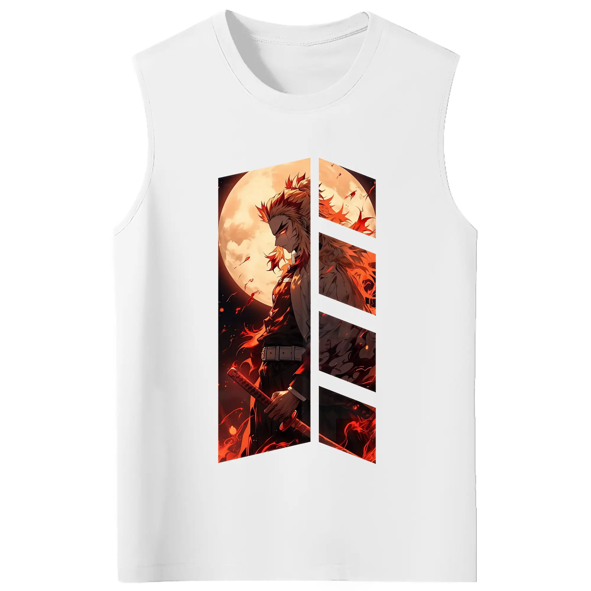 鬼滅の刃 グッズ,煉獄 杏寿郎 - コットン100％ タンクトップ ・ フロントプリント ・ タイトフィット ・ 快適 通気性 ・ スポーツ カジュアル 散歩用