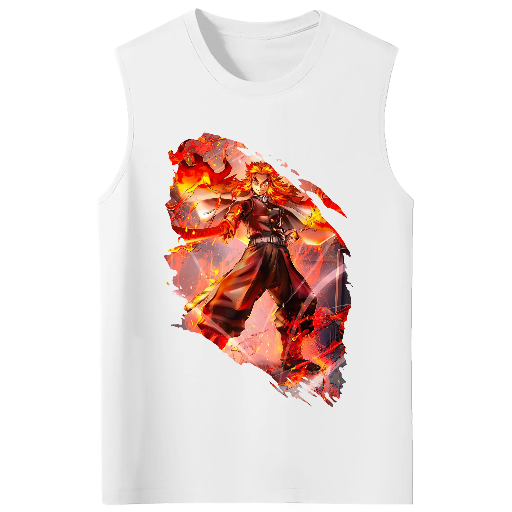 鬼滅の刃 グッズ,煉獄 杏寿郎 - コットン100％ タンクトップ ・ フロントプリント ・ タイトフィット ・ 快適 通気性 ・ スポーツ カジュアル 散歩用
