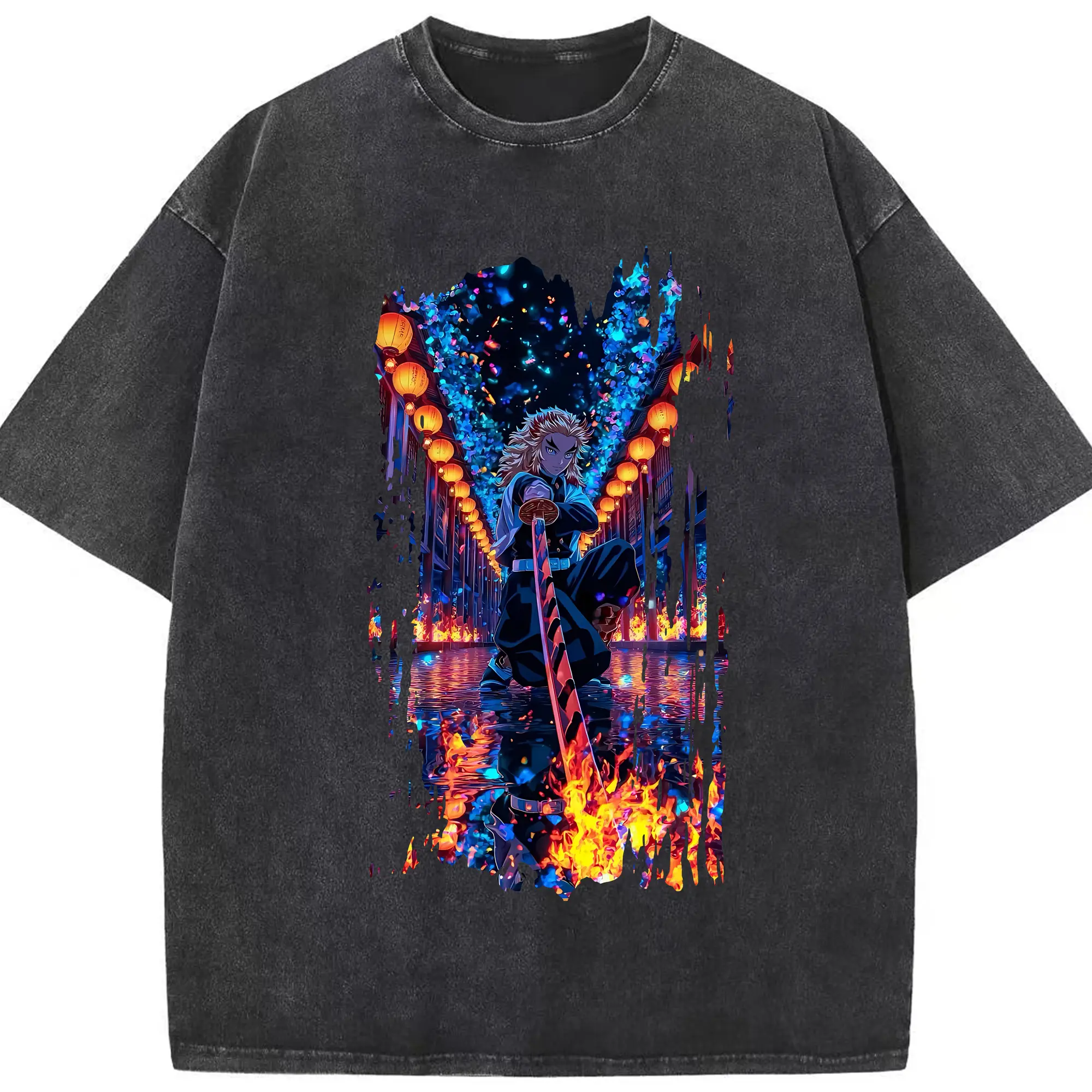 鬼滅の刃 グッズ,煉獄 杏寿郎 - 綿100％ ヴィンテージ風 半袖Tシャツ ・ フロントプリント ・ 柔らか肌触り ・ 通気性 快適 ・ スポーツ カジュアル 外出用