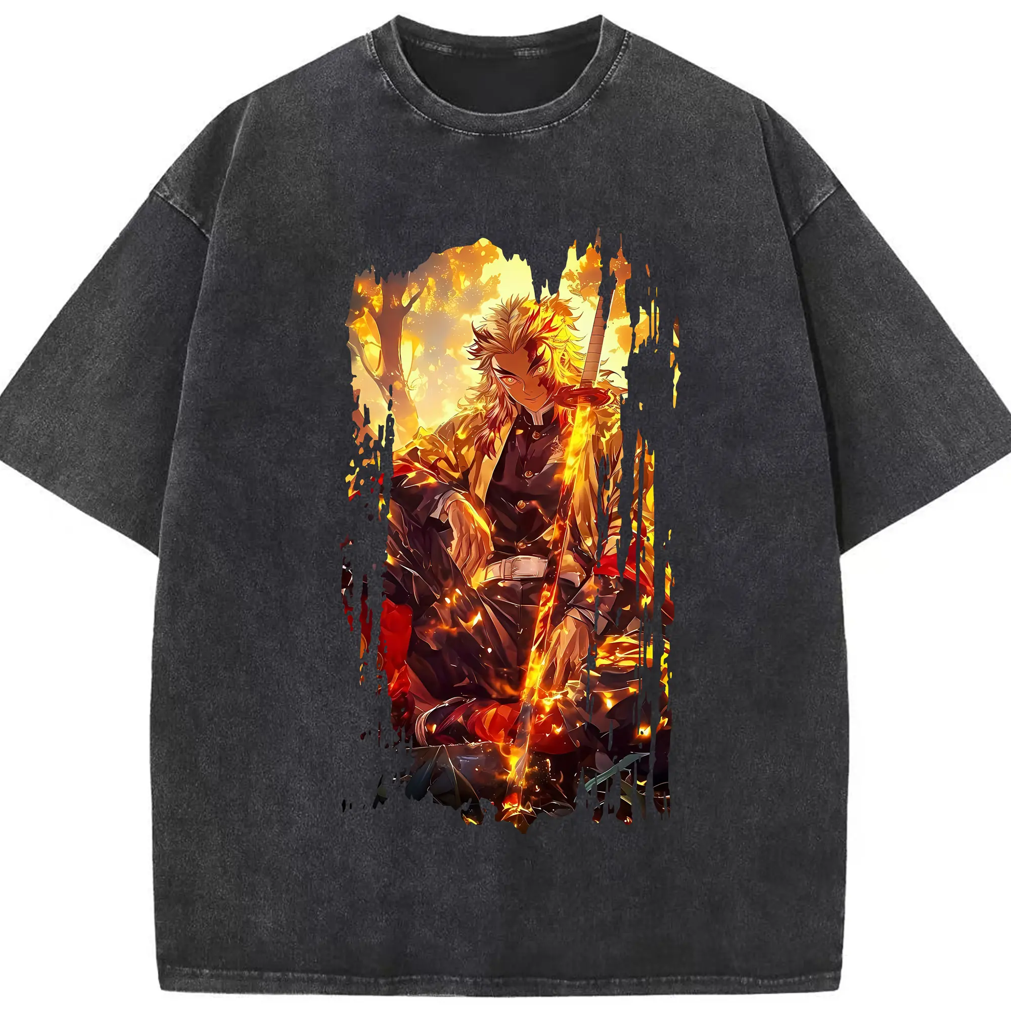 鬼滅の刃 グッズ,煉獄 杏寿郎 - 綿100％ ヴィンテージ風 半袖Tシャツ ・ フロントプリント ・ 柔らか肌触り ・ 通気性 快適 ・ スポーツ カジュアル 外出用