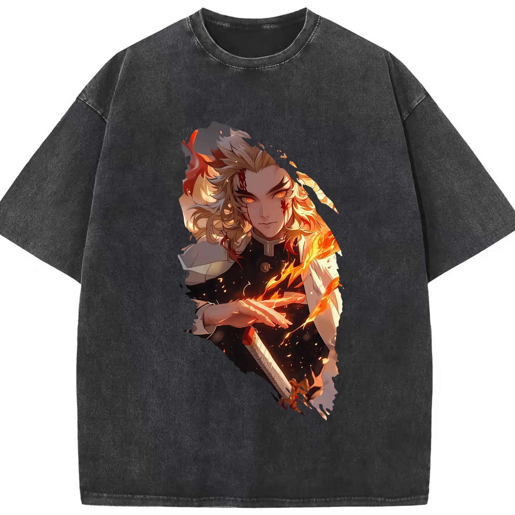 鬼滅の刃 グッズ,煉獄 杏寿郎 - 綿100％ ヴィンテージ風 半袖Tシャツ ・ フロントプリント ・ 柔らか肌触り ・ 通気性 快適 ・ スポーツ カジュアル 外出用