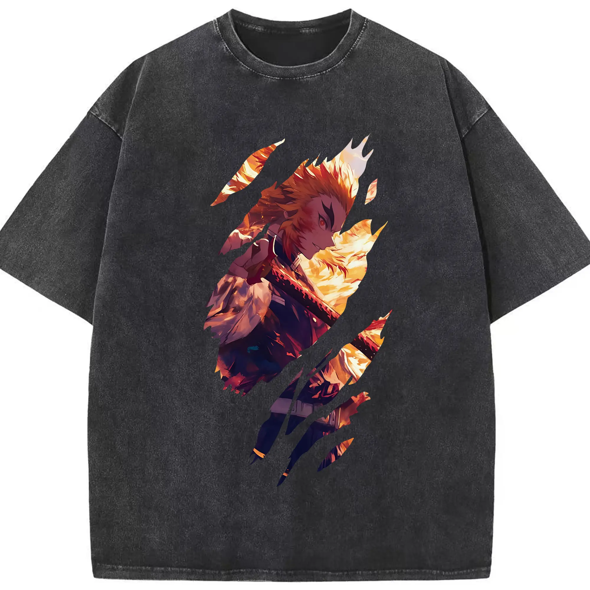 鬼滅の刃 グッズ,煉獄 杏寿郎 - 綿100％ ヴィンテージ風 半袖Tシャツ ・ フロントプリント ・ 柔らか肌触り ・ 通気性 快適 ・ スポーツ カジュアル 外出用