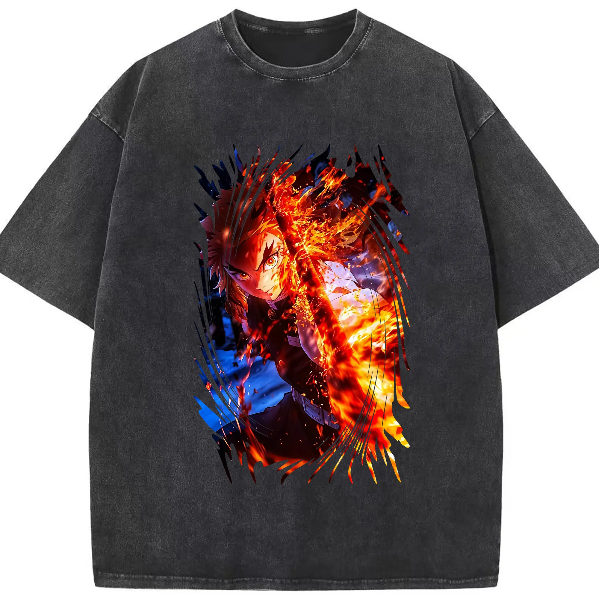 鬼滅の刃 グッズ,煉獄 杏寿郎 - 綿100％ ヴィンテージ風 半袖Tシャツ ・ フロントプリント ・ 柔らか肌触り ・ 通気性 快適 ・ スポーツ カジュアル 外出用