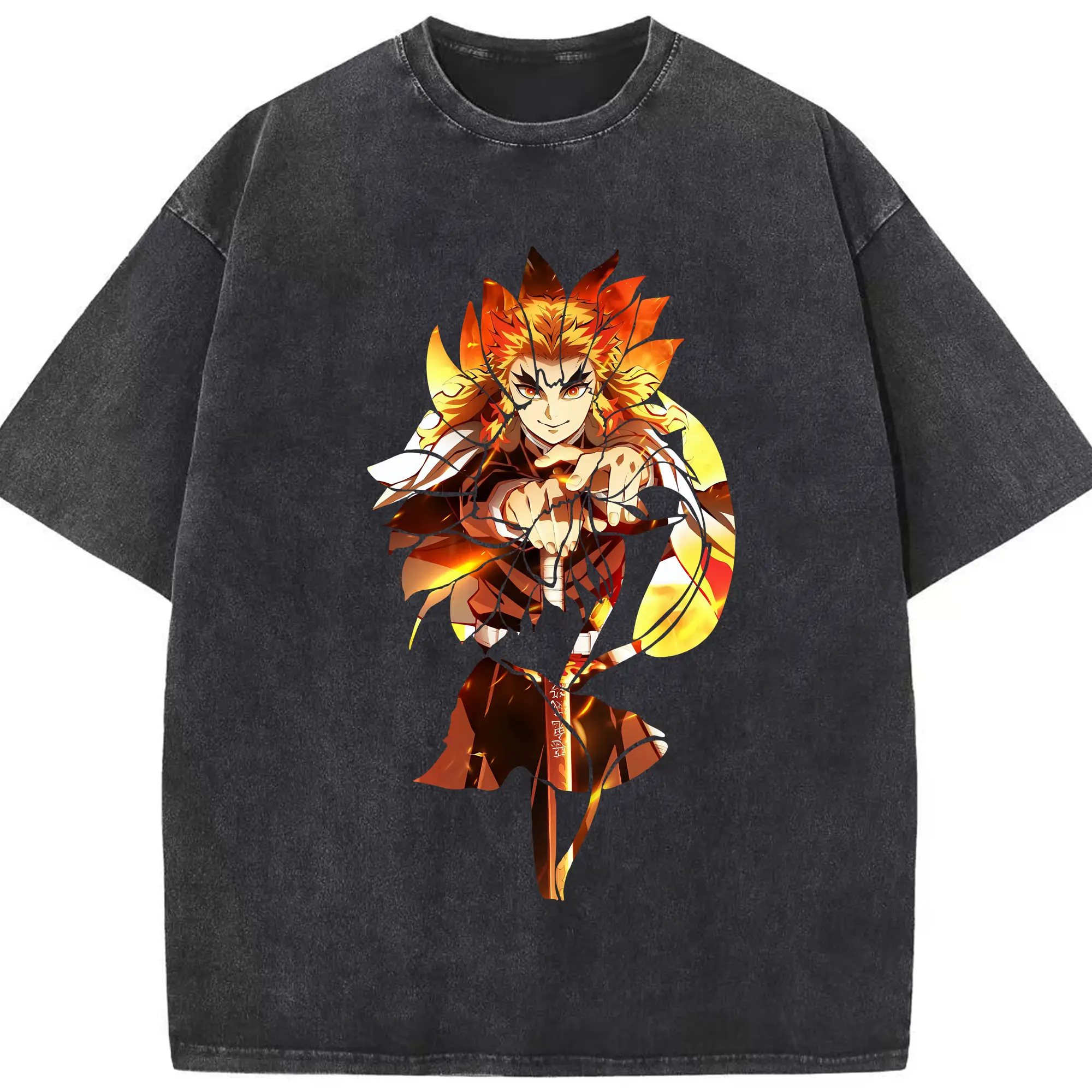 鬼滅の刃 グッズ,煉獄 杏寿郎 - 綿100％ ヴィンテージ風 半袖Tシャツ ・ フロントプリント ・ 柔らか肌触り ・ 通気性 快適 ・ スポーツ カジュアル 外出用